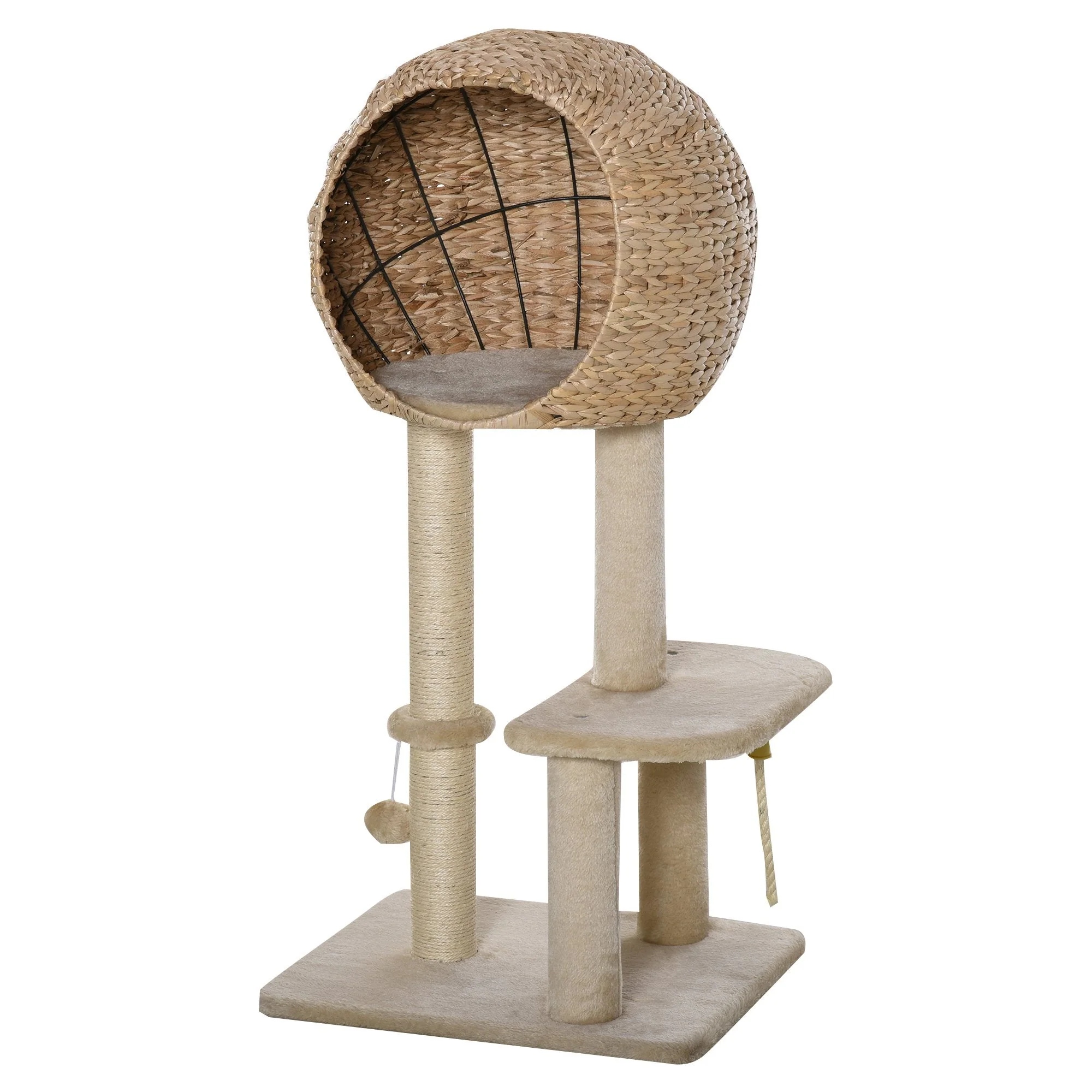PawHut Cat Tree for Indoor Cats 100cm Kitten Climbing Tower Activity Center with Sisal Scratching Post Condo Perch Hanging Balls Teasing Rope Toy Cushion - Image 5