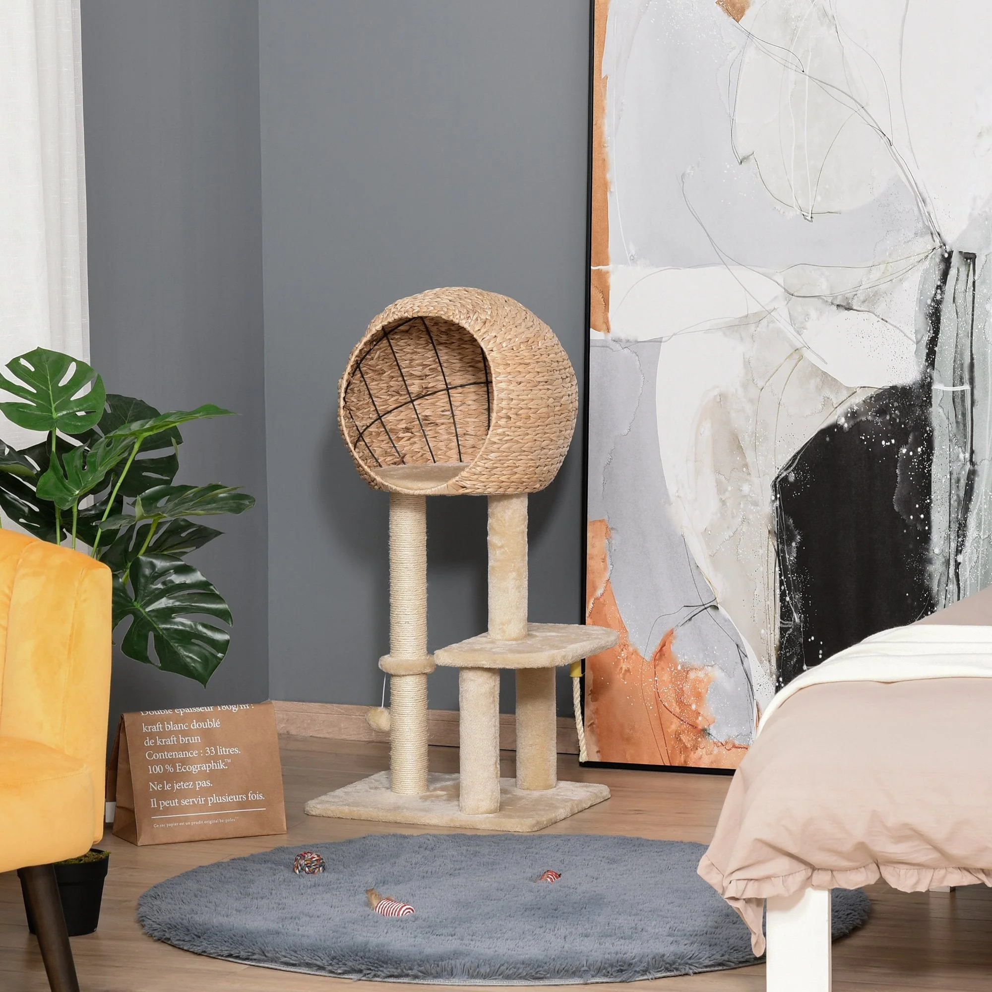 PawHut Cat Tree for Indoor Cats 100cm Kitten Climbing Tower Activity Center with Sisal Scratching Post Condo Perch Hanging Balls Teasing Rope Toy Cushion - Image 6