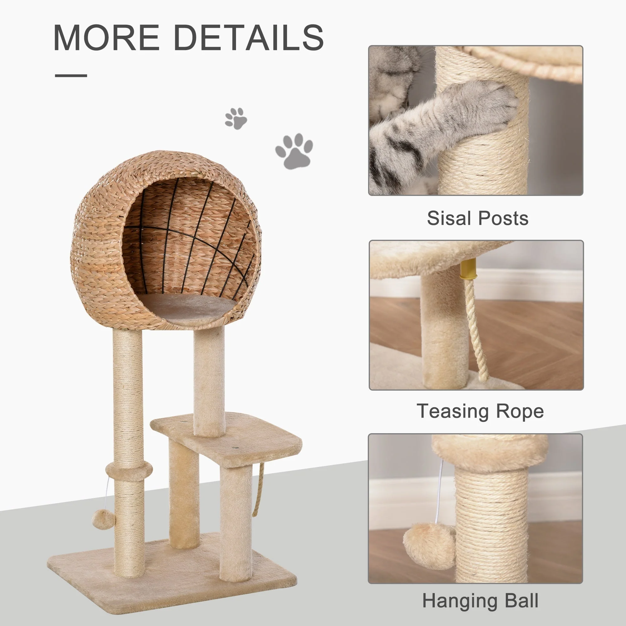 PawHut Cat Tree for Indoor Cats 100cm Kitten Climbing Tower Activity Center with Sisal Scratching Post Condo Perch Hanging Balls Teasing Rope Toy Cushion - Image 8