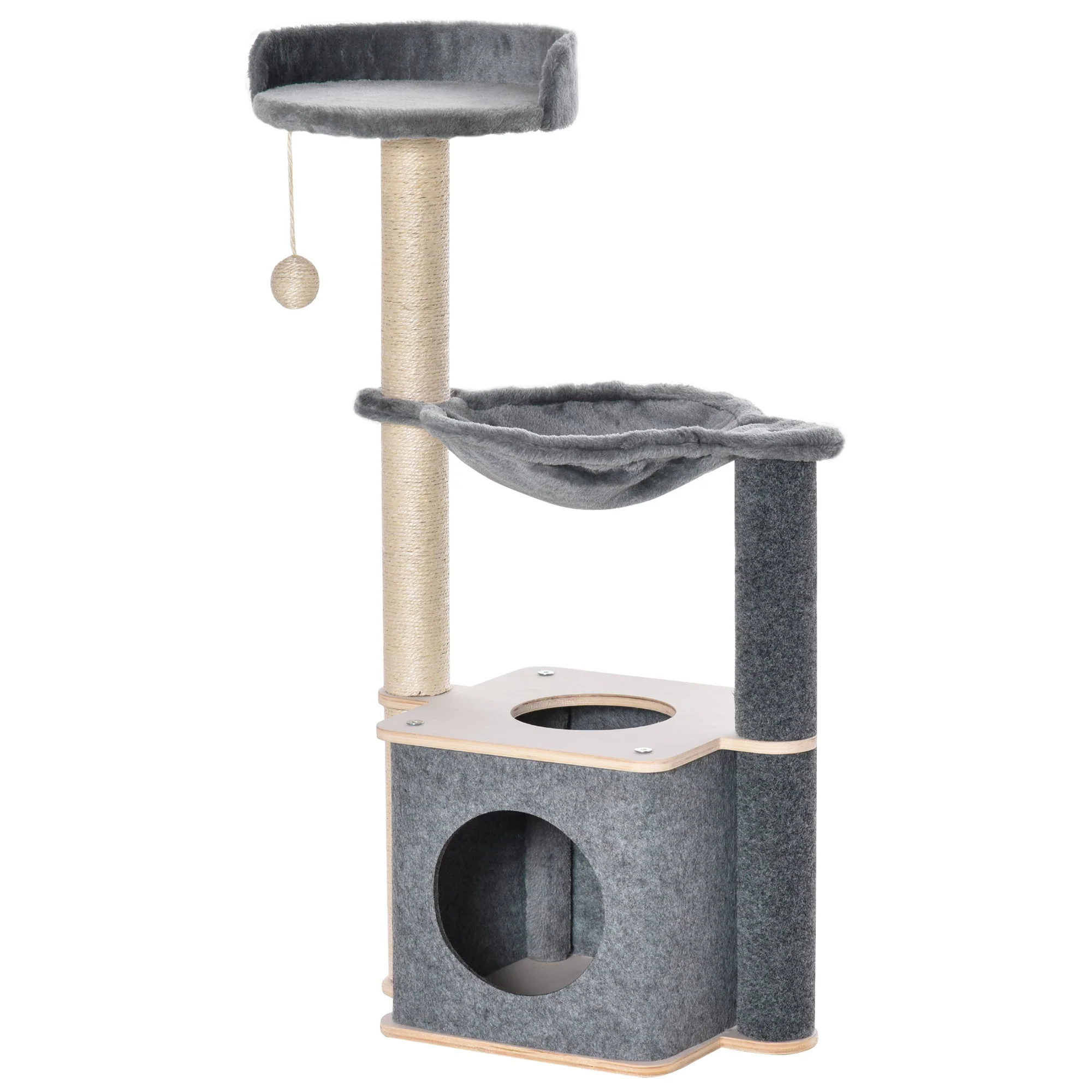 PawHut Cat Tree for Indoor Cats 95cm Climbing Tower Kitten Activity Center with Sisal Scratching Post Perch Roomy Condo Hammock Removable Felt Hanging Toy - Image 2