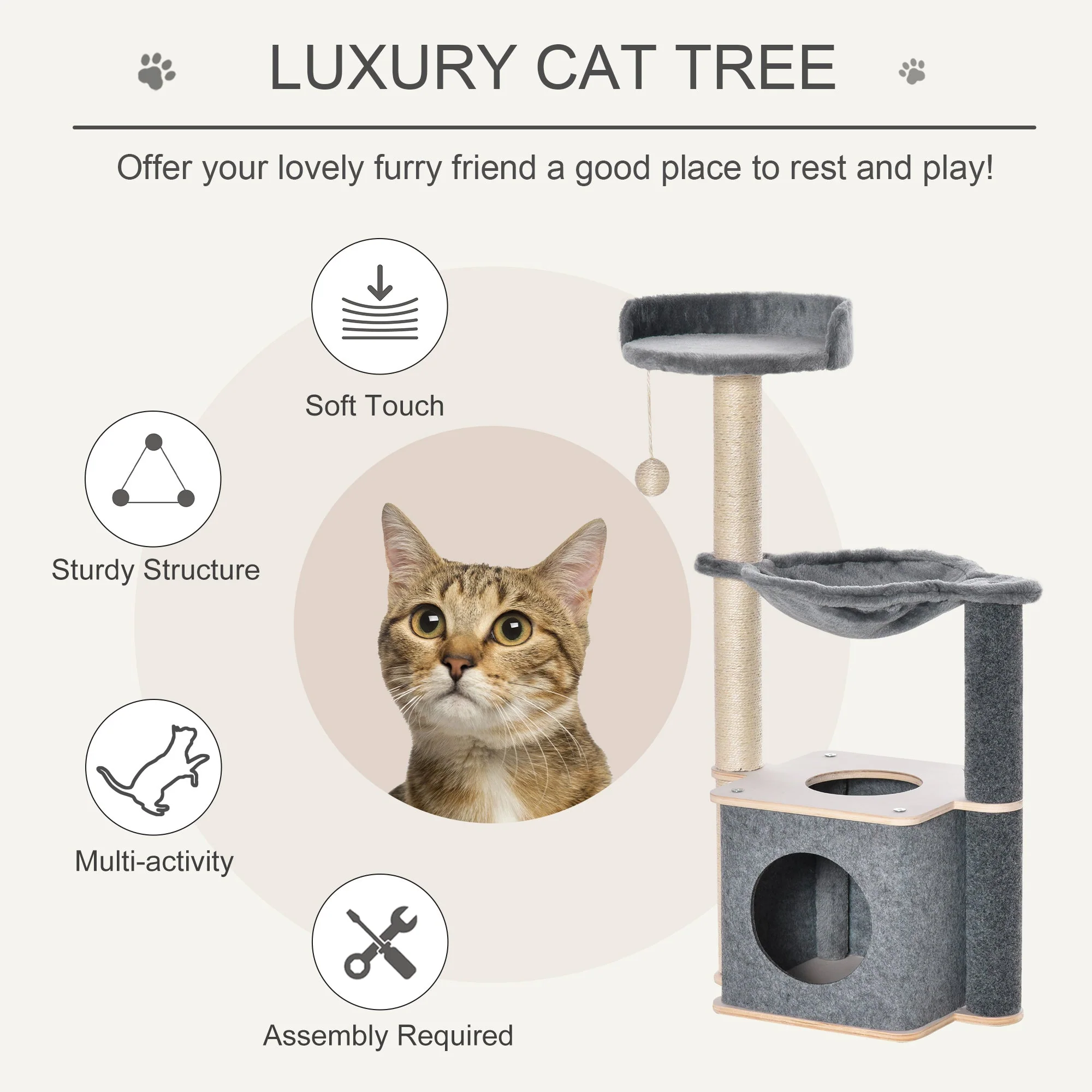 PawHut Cat Tree for Indoor Cats 95cm Climbing Tower Kitten Activity Center with Sisal Scratching Post Perch Roomy Condo Hammock Removable Felt Hanging Toy - Image 3