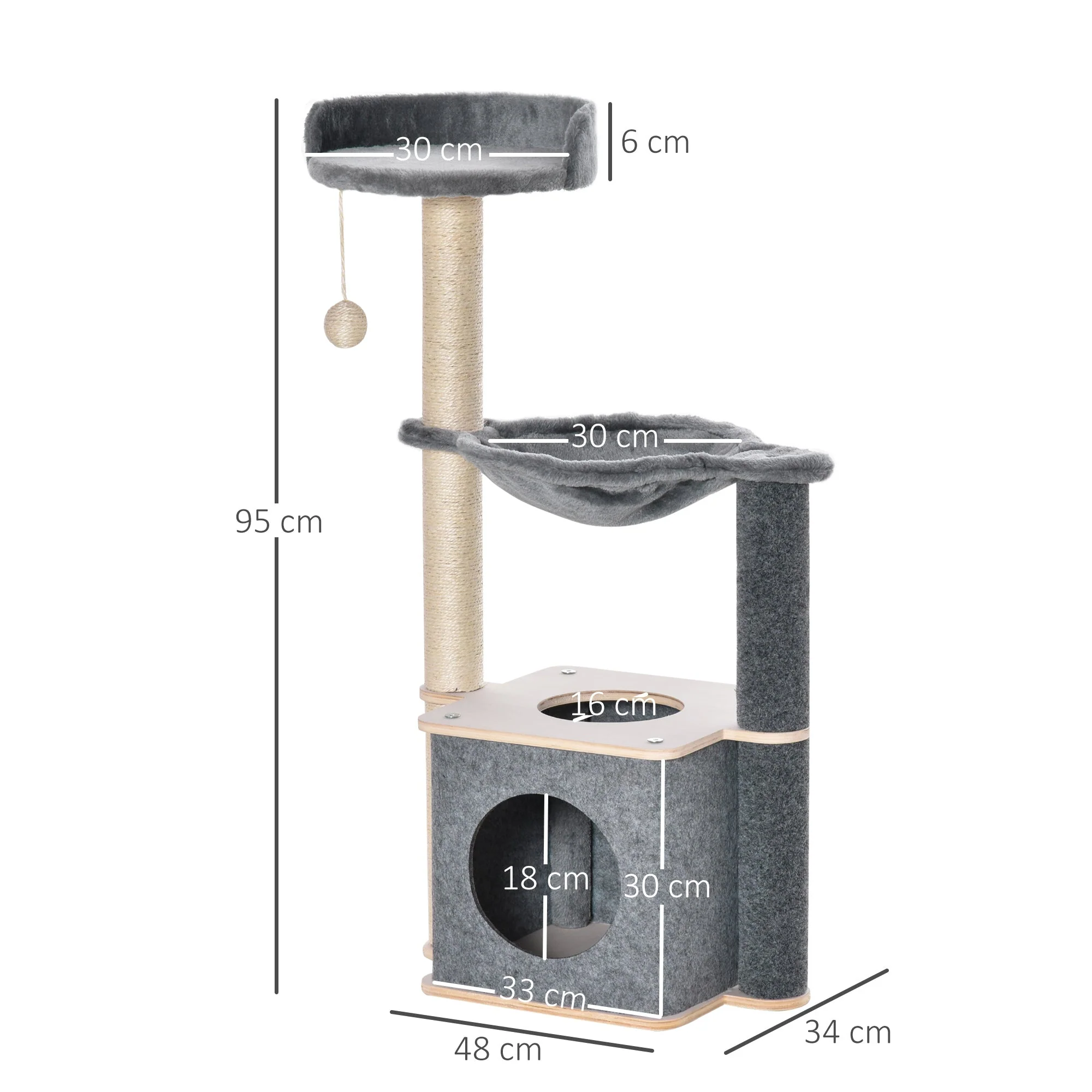 PawHut Cat Tree for Indoor Cats 95cm Climbing Tower Kitten Activity Center with Sisal Scratching Post Perch Roomy Condo Hammock Removable Felt Hanging Toy - Image 5