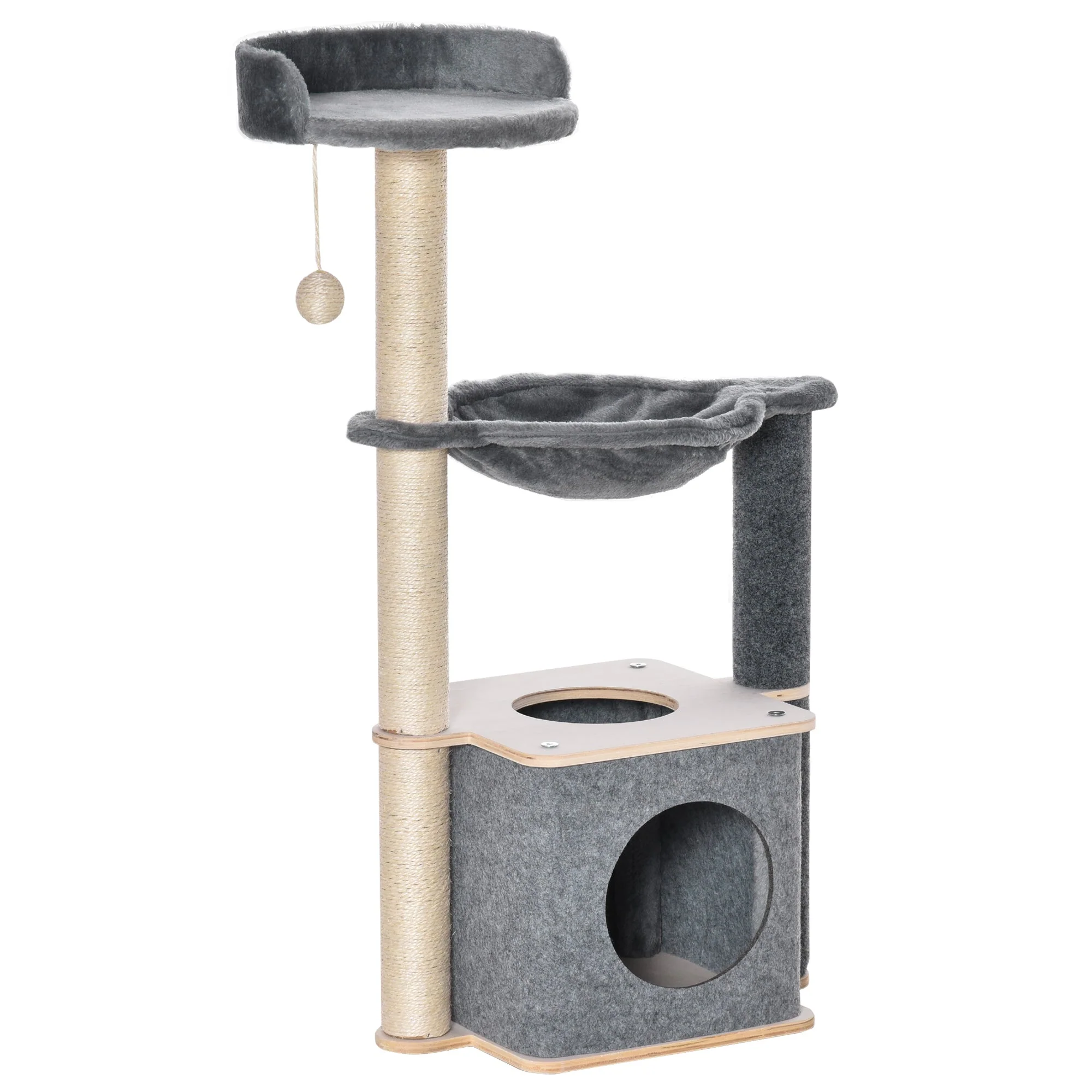PawHut Cat Tree for Indoor Cats 95cm Climbing Tower Kitten Activity Center with Sisal Scratching Post Perch Roomy Condo Hammock Removable Felt Hanging Toy - Image 7