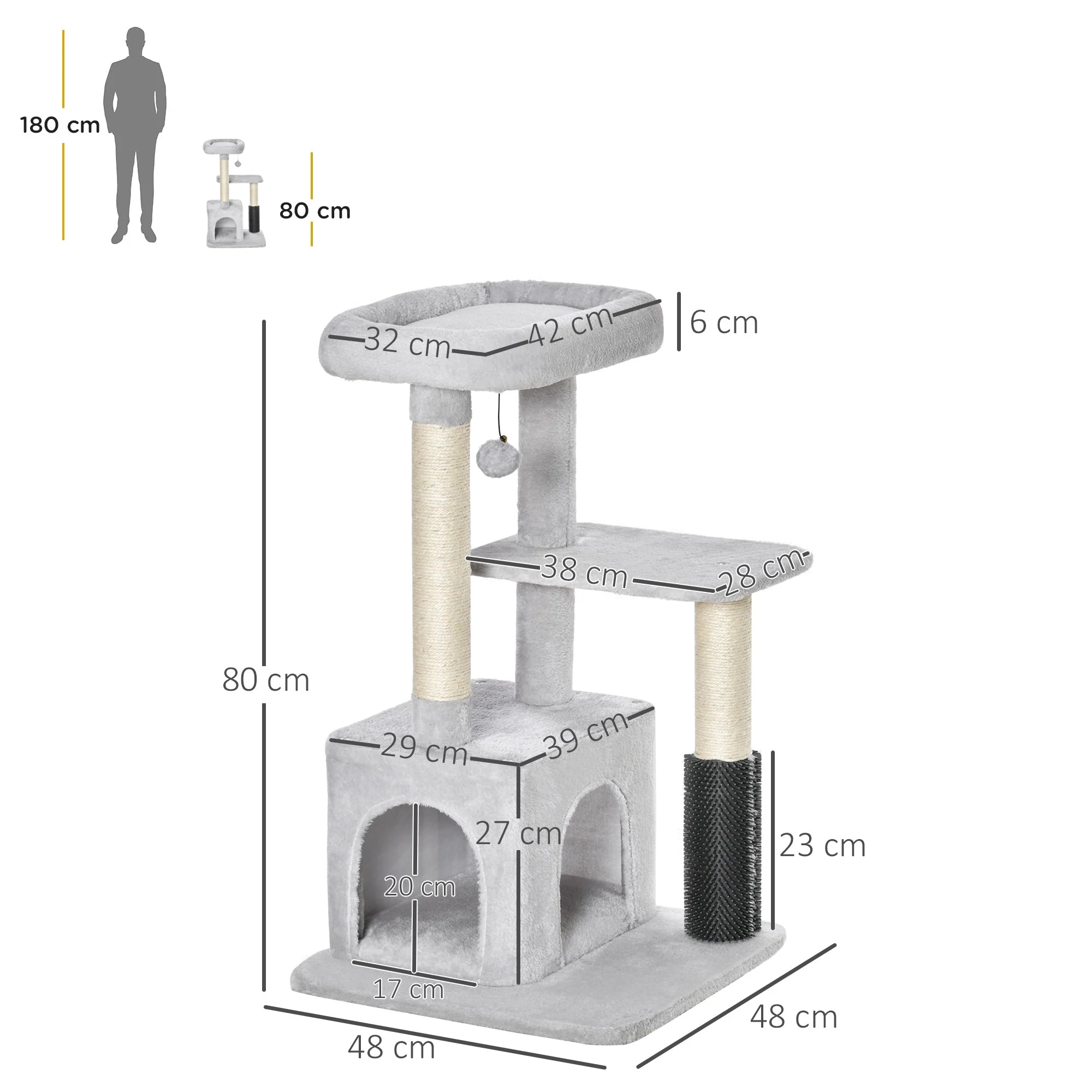 PawHut Cat Tree for Indoor Cats Climbing Tower Kitten Scratch Post Activity Center Kitten with Massage Toy Hanging Ball Bed Condo Perch 48 x 48 x 85cm Grey - Image 3