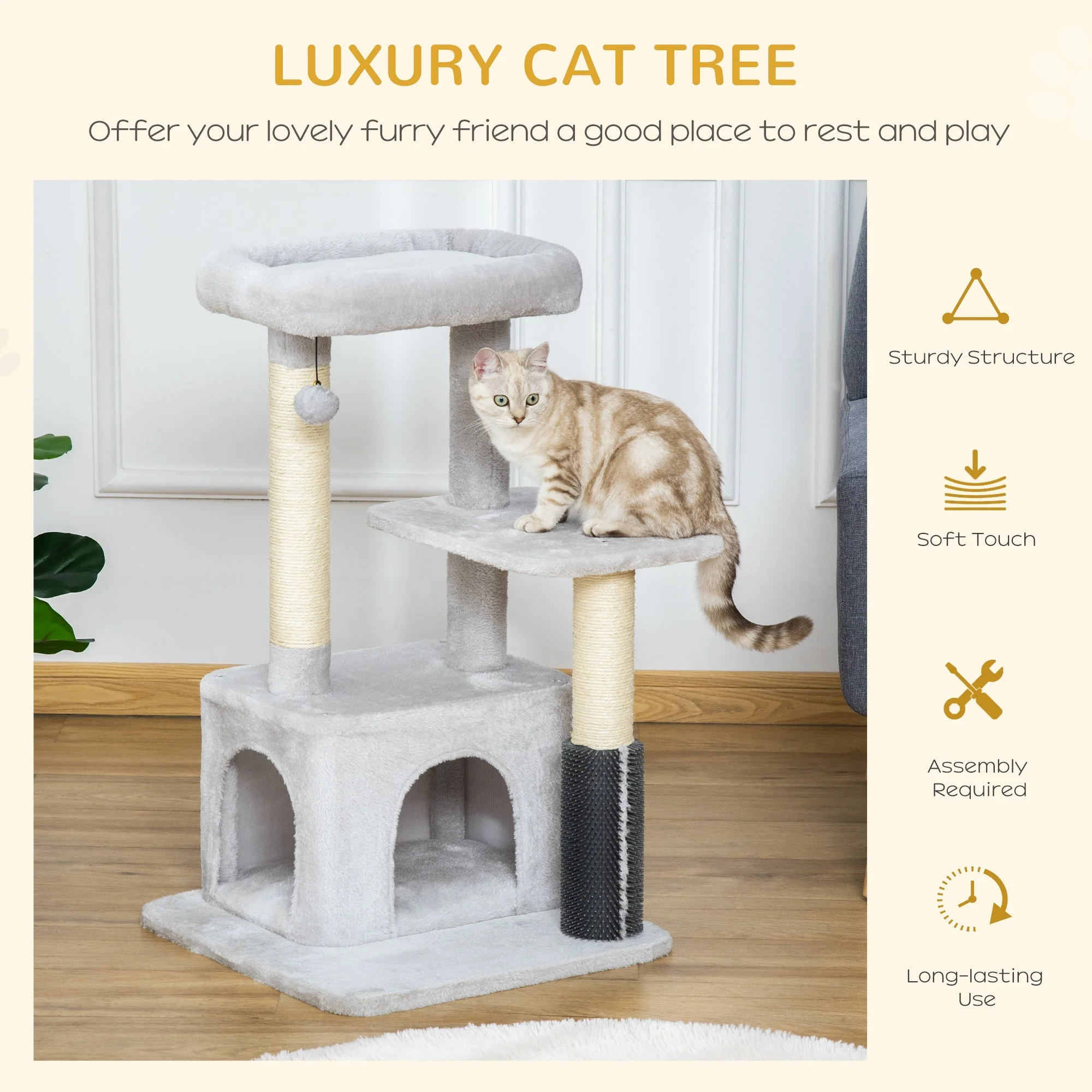 PawHut Cat Tree for Indoor Cats Climbing Tower Kitten Scratch Post Activity Center Kitten with Massage Toy Hanging Ball Bed Condo Perch 48 x 48 x 85cm Grey - Image 4
