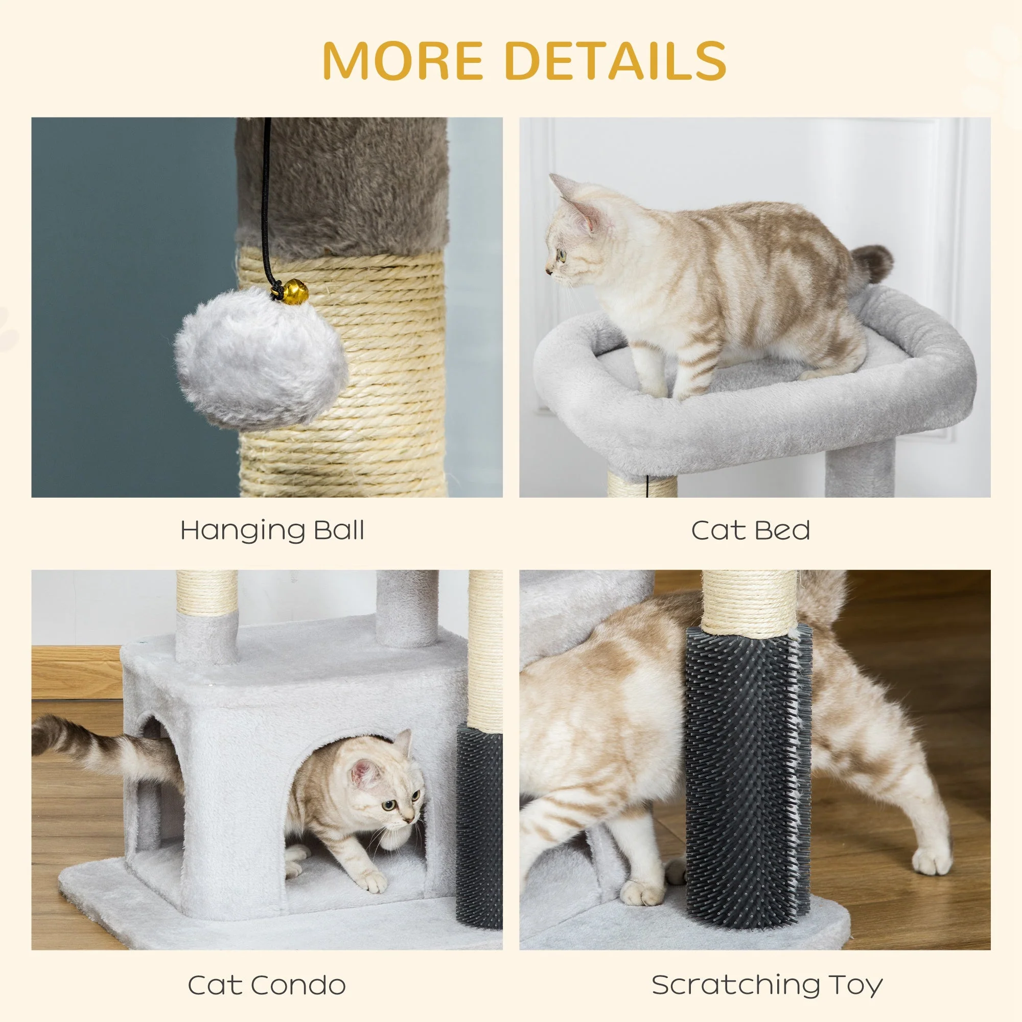 PawHut Cat Tree for Indoor Cats Climbing Tower Kitten Scratch Post Activity Center Kitten with Massage Toy Hanging Ball Bed Condo Perch 48 x 48 x 85cm Grey - Image 5