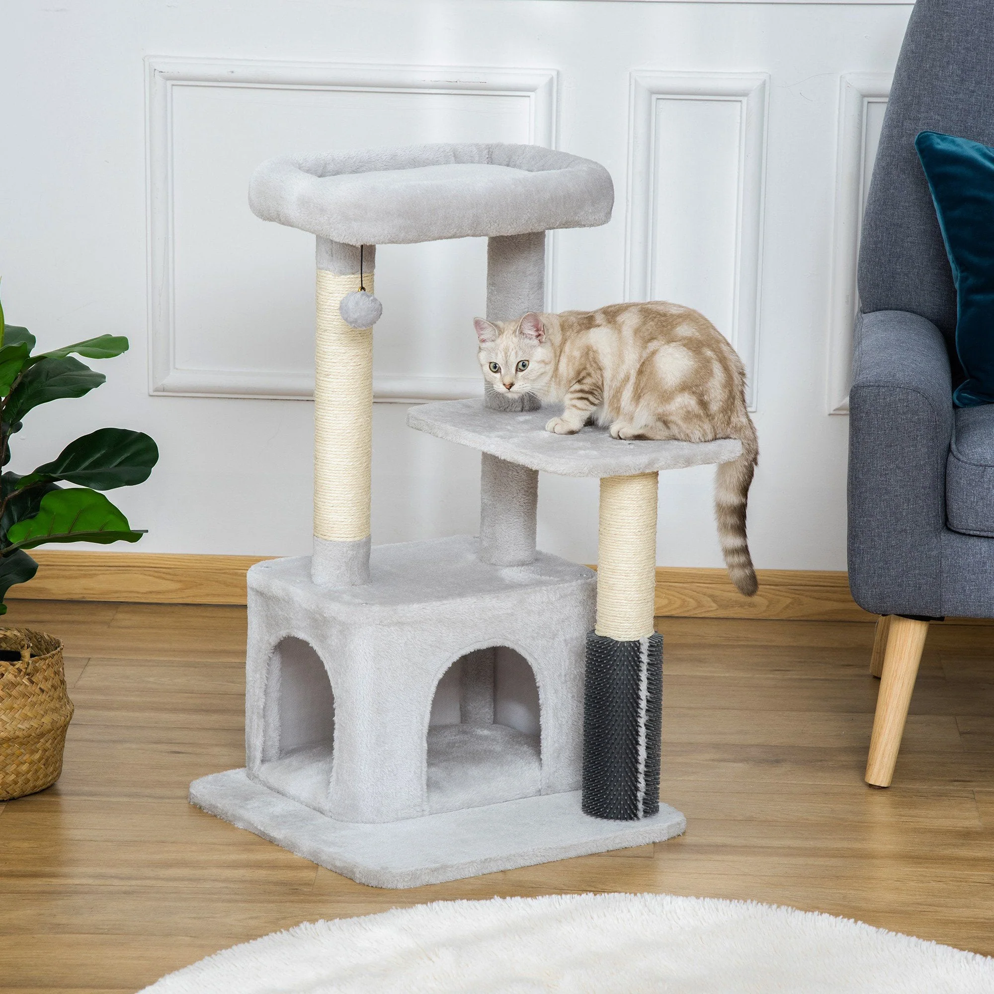 PawHut Cat Tree for Indoor Cats Climbing Tower Kitten Scratch Post Activity Center Kitten with Massage Toy Hanging Ball Bed Condo Perch 48 x 48 x 85cm Grey - Image 7