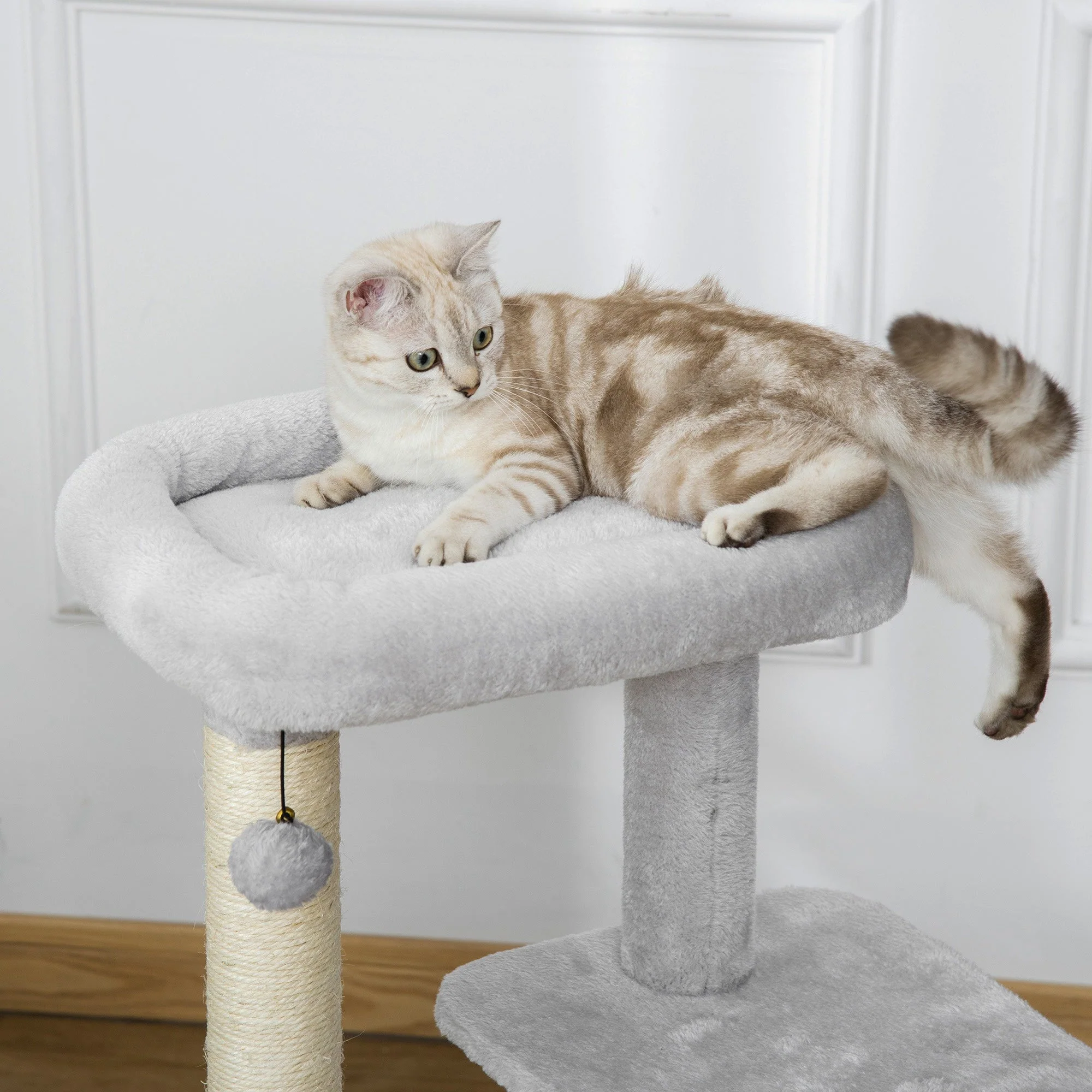 PawHut Cat Tree for Indoor Cats Climbing Tower Kitten Scratch Post Activity Center Kitten with Massage Toy Hanging Ball Bed Condo Perch 48 x 48 x 85cm Grey - Image 8