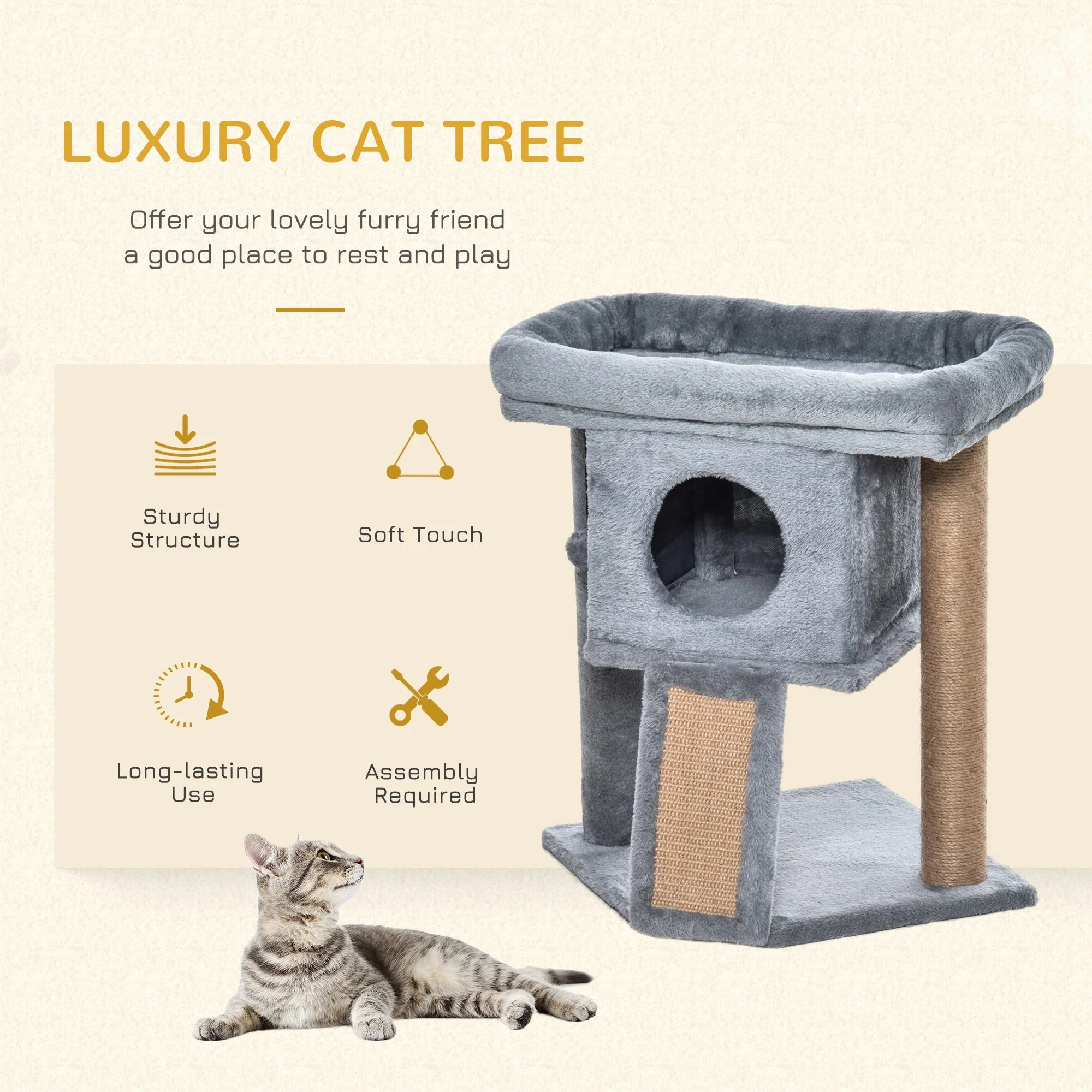 PawHut Cat Tree for Indoor Cats Kitten Tower Climbing Activity Centre Furniture w/ Jute Scratching Pad - Image 4