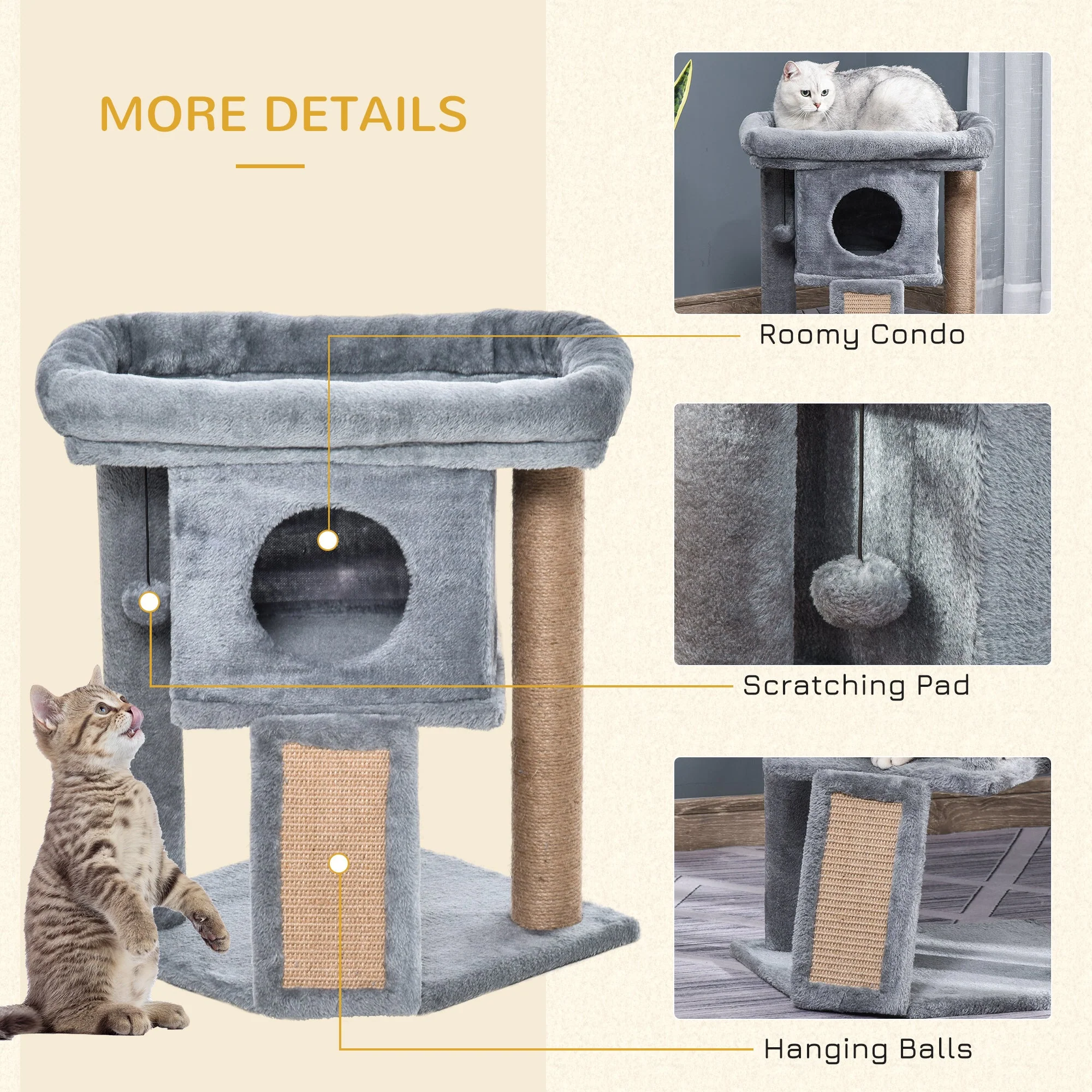 PawHut Cat Tree for Indoor Cats Kitten Tower Climbing Activity Centre Furniture w/ Jute Scratching Pad - Image 5