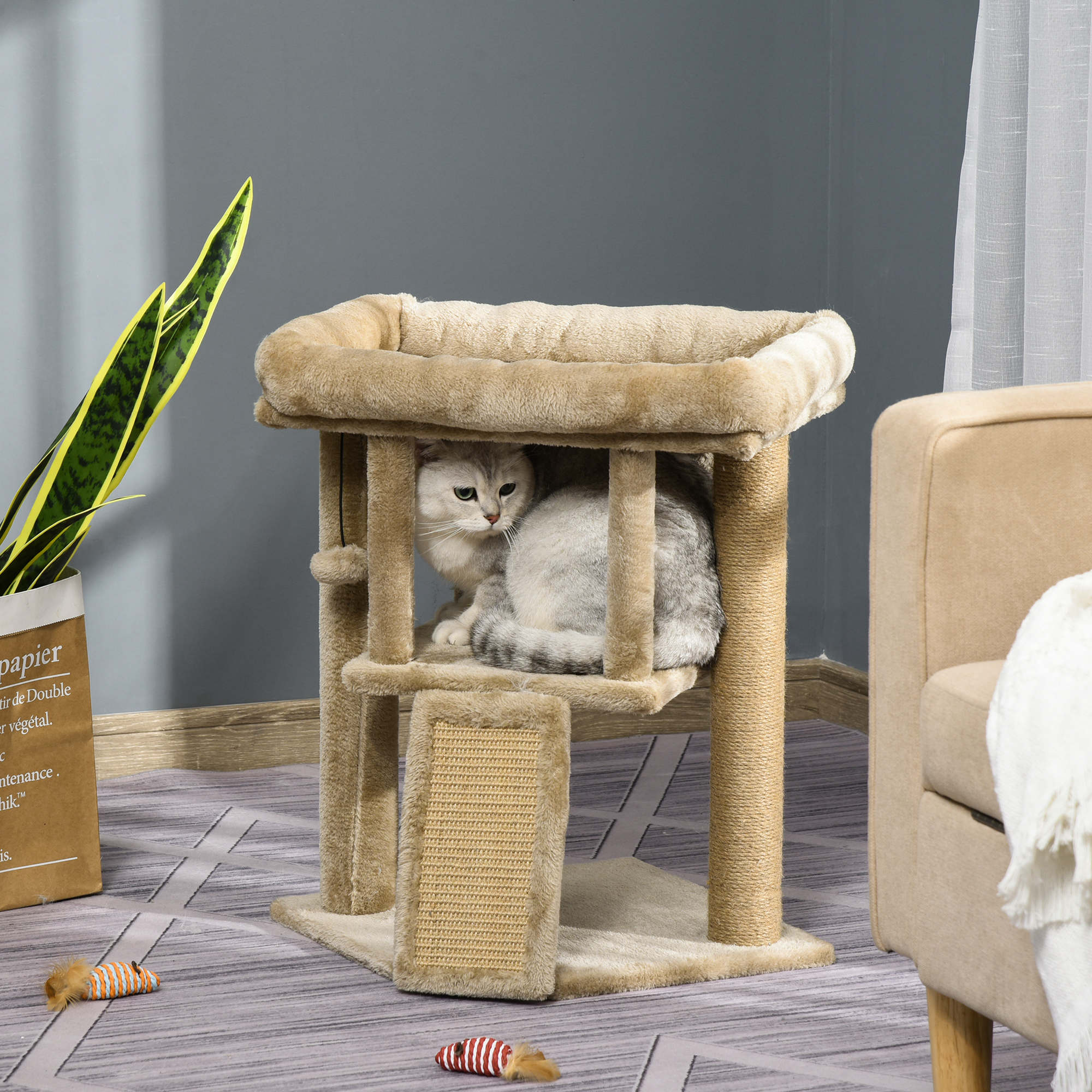 PawHut Cat Tree for Indoor Cats Kitten Tower Climbing Activity Centre Furniture w/ Jute Scratching Pad - Image 3