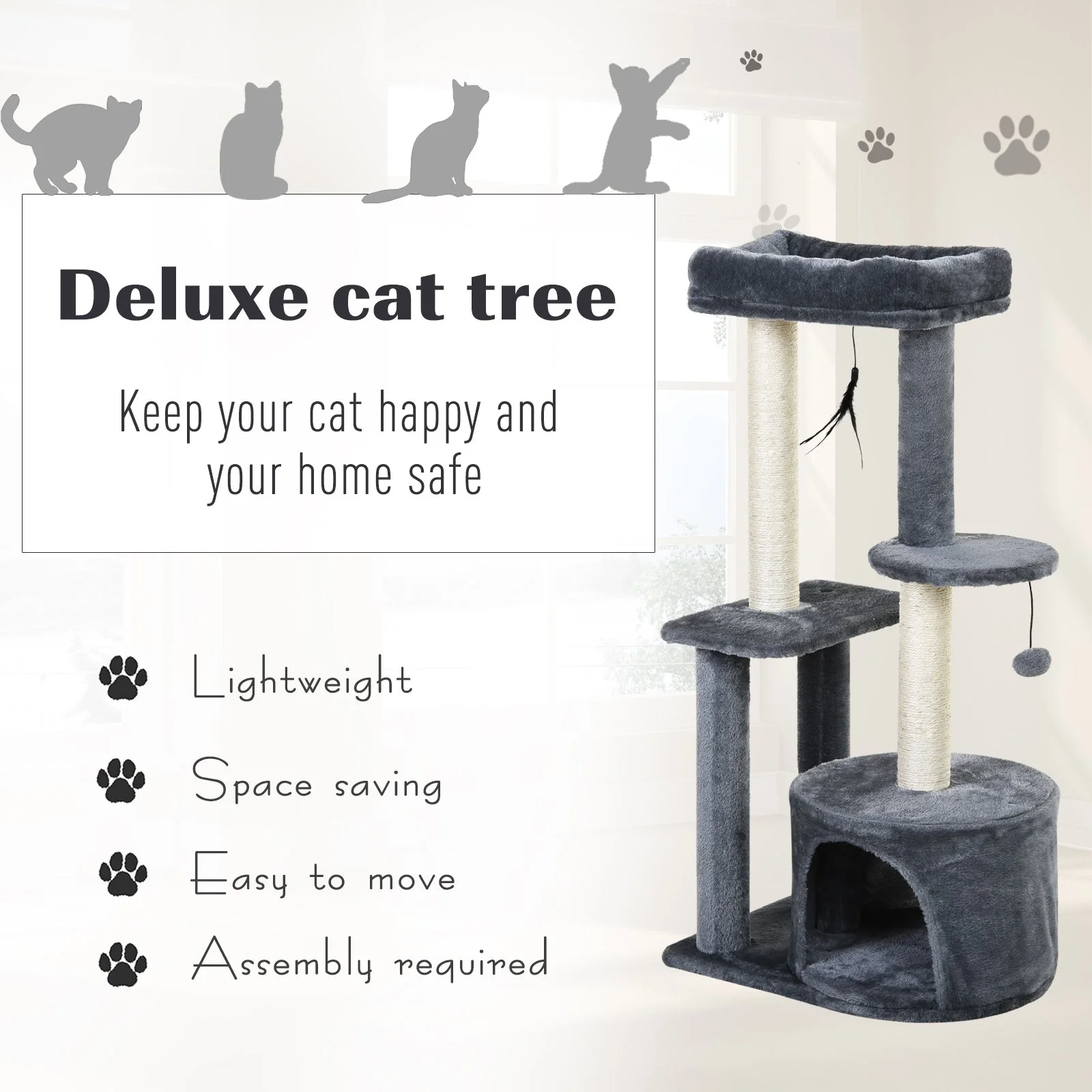 PawHut Cat Tree for Indoor Cats Kitten Tower w/ Perch House Scratching Post Platform Play Ball Plush Covering Play Rest Relax Grey White - Image 2
