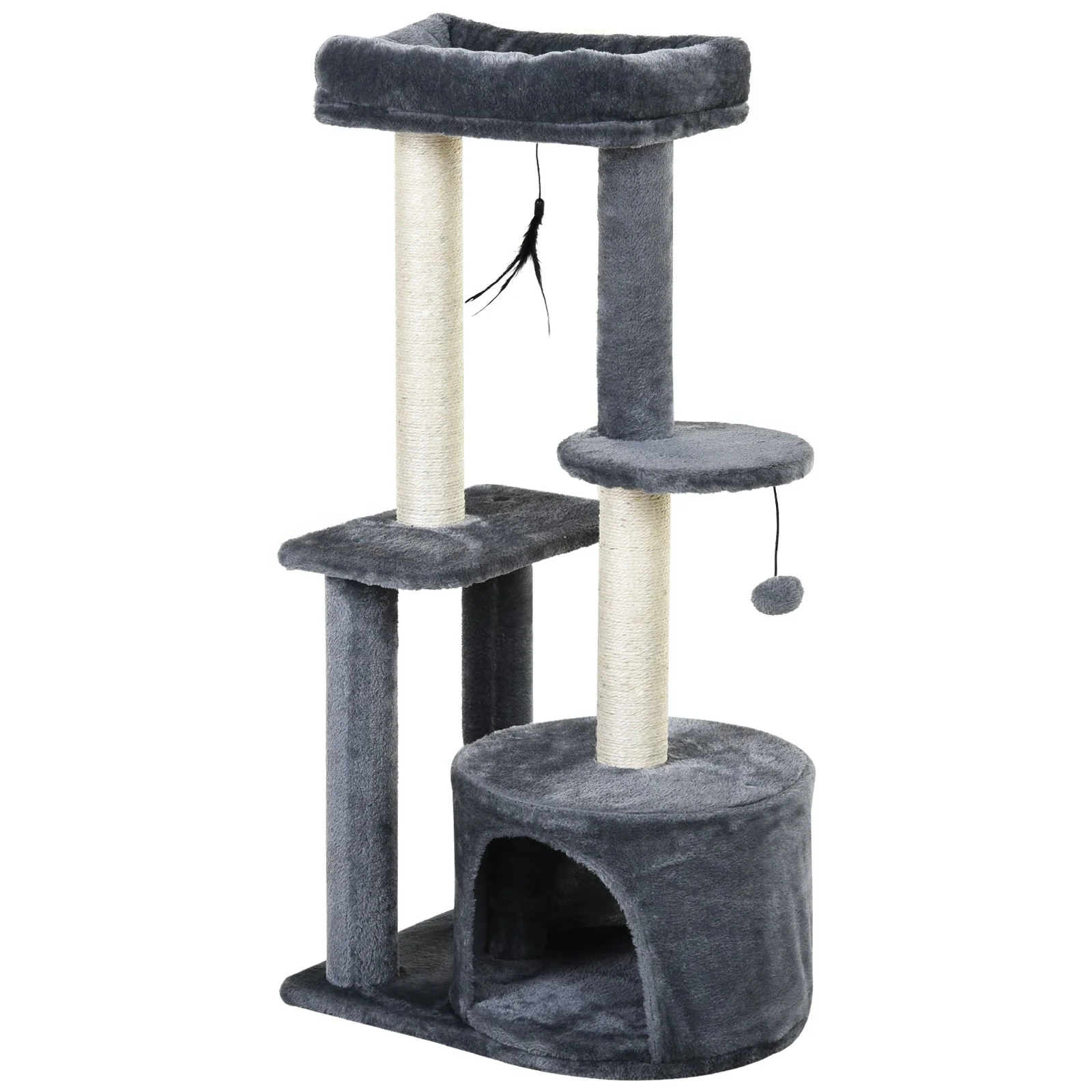 PawHut Cat Tree for Indoor Cats Kitten Tower w/ Perch House Scratching Post Platform Play Ball Plush Covering Play Rest Relax Grey White - Image 4