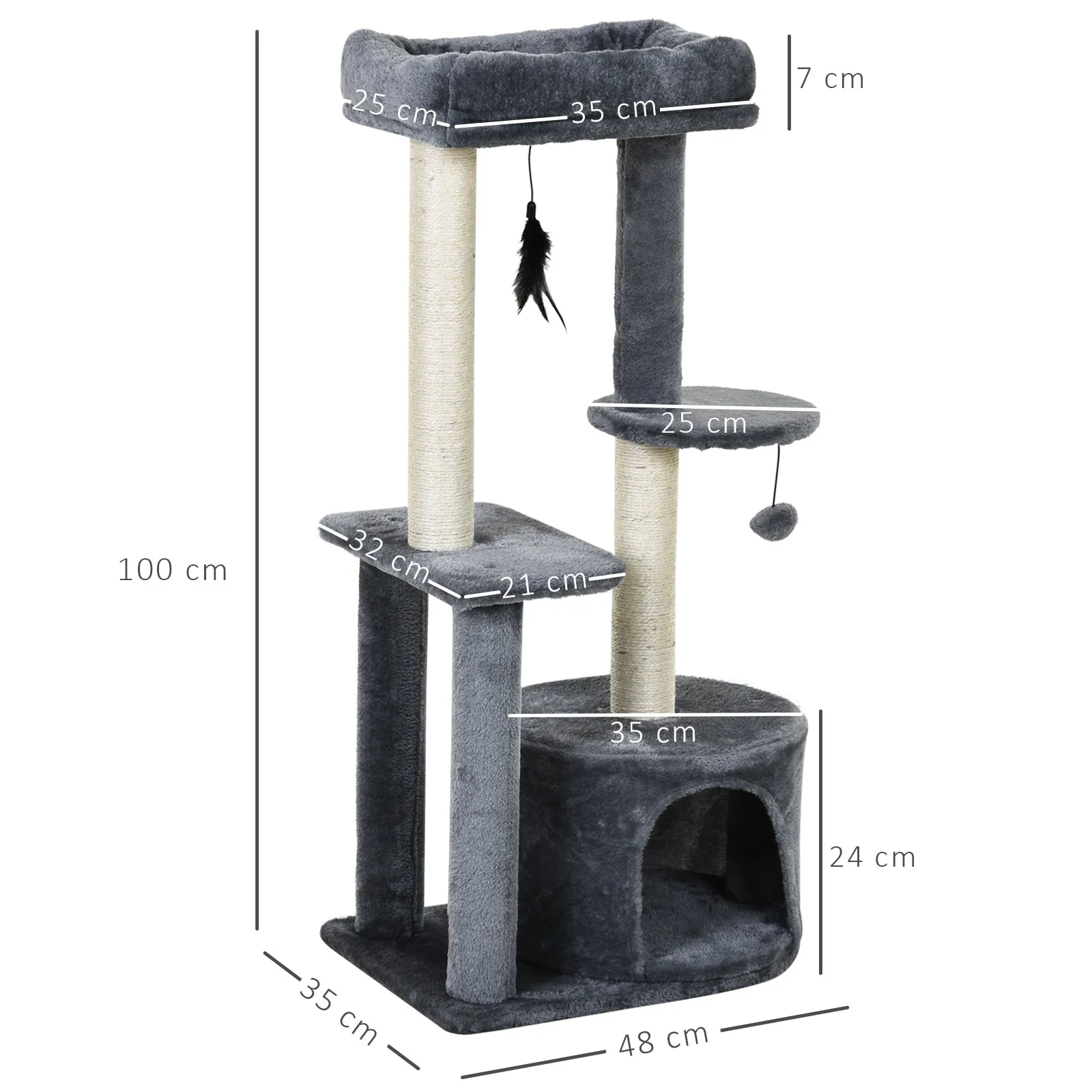 PawHut Cat Tree for Indoor Cats Kitten Tower w/ Perch House Scratching Post Platform Play Ball Plush Covering Play Rest Relax Grey White - Image 5