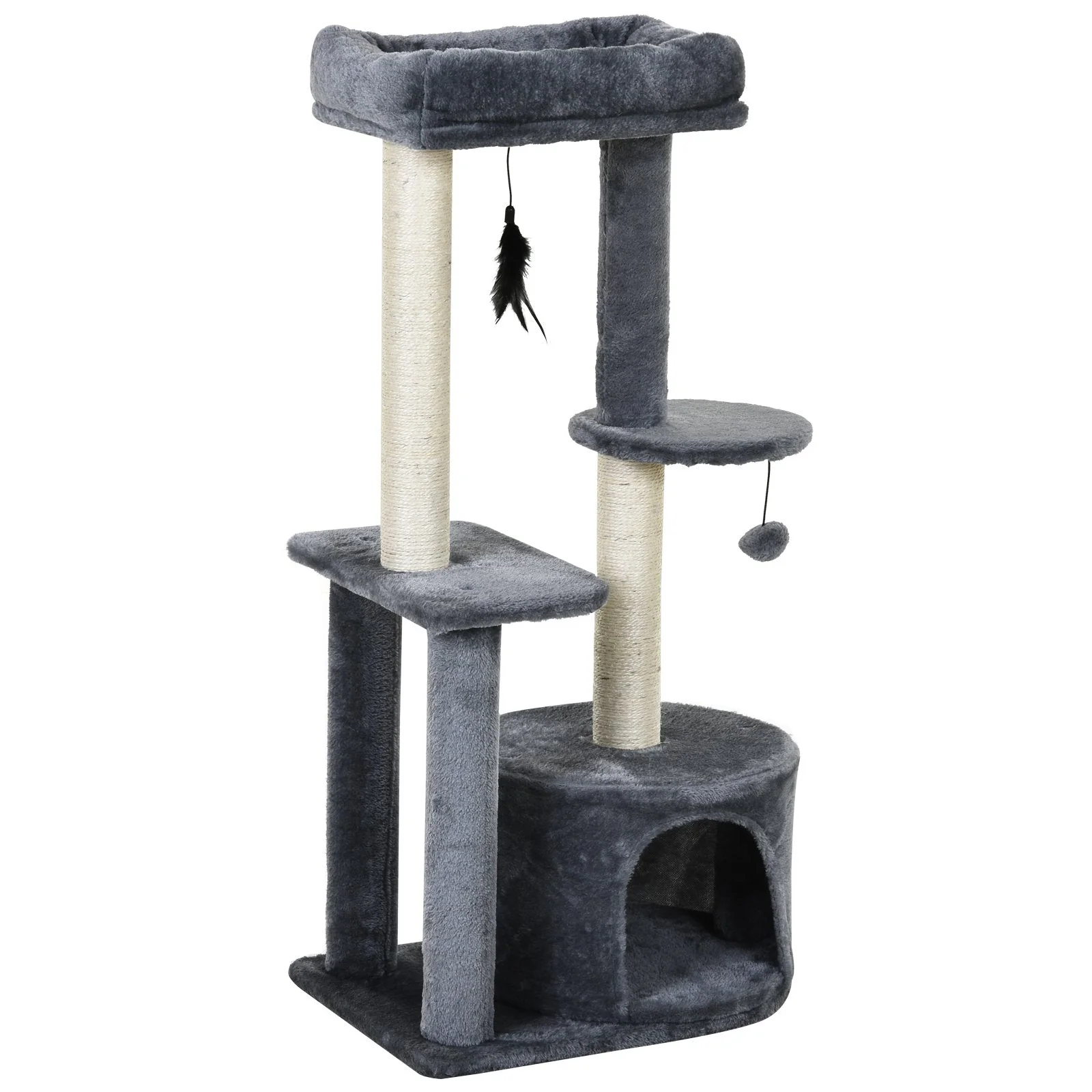 PawHut Cat Tree for Indoor Cats Kitten Tower w/ Perch House Scratching Post Platform Play Ball Plush Covering Play Rest Relax Grey White - Image 9