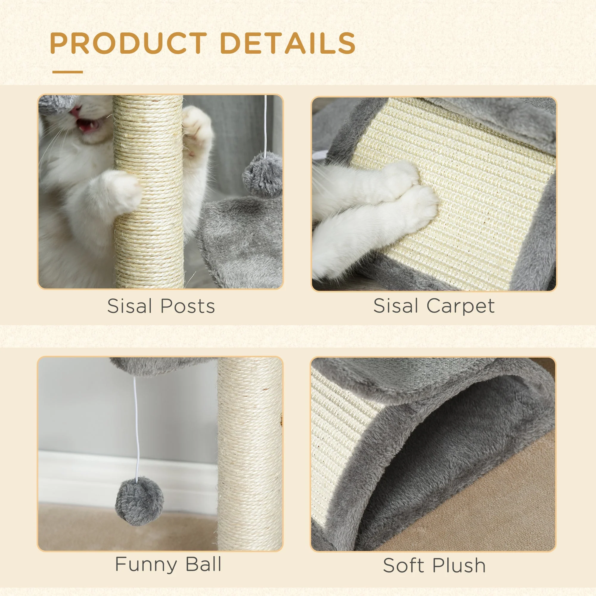 PawHut Cat Tree for Indoor Cats Scratching Post Kitten Scratcher Kitty Activity Play Center Sisal Rotatable Top Bar Tunnel Dangling Ball Light Grey - Image 2