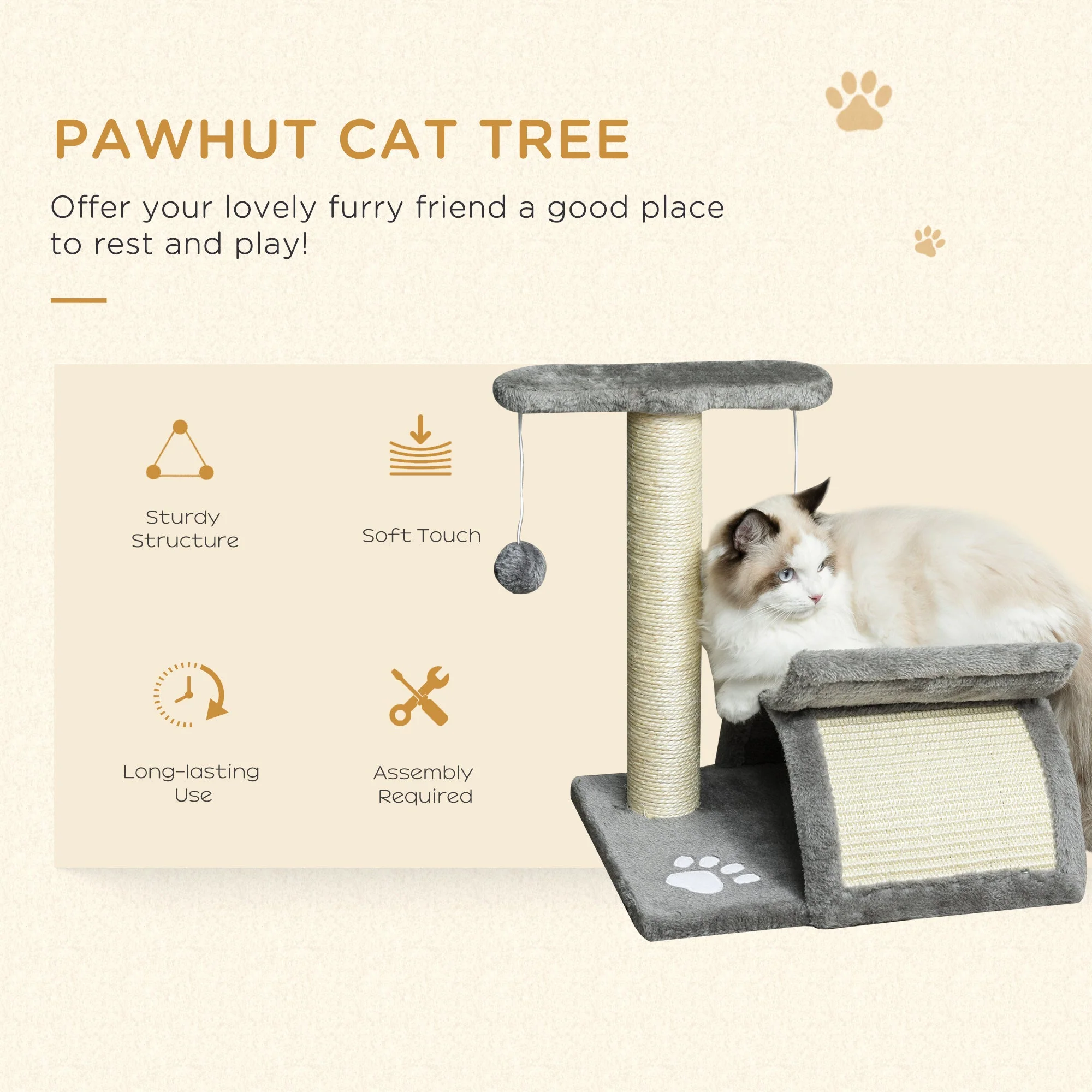PawHut Cat Tree for Indoor Cats Scratching Post Kitten Scratcher Kitty Activity Play Center Sisal Rotatable Top Bar Tunnel Dangling Ball Light Grey - Image 5