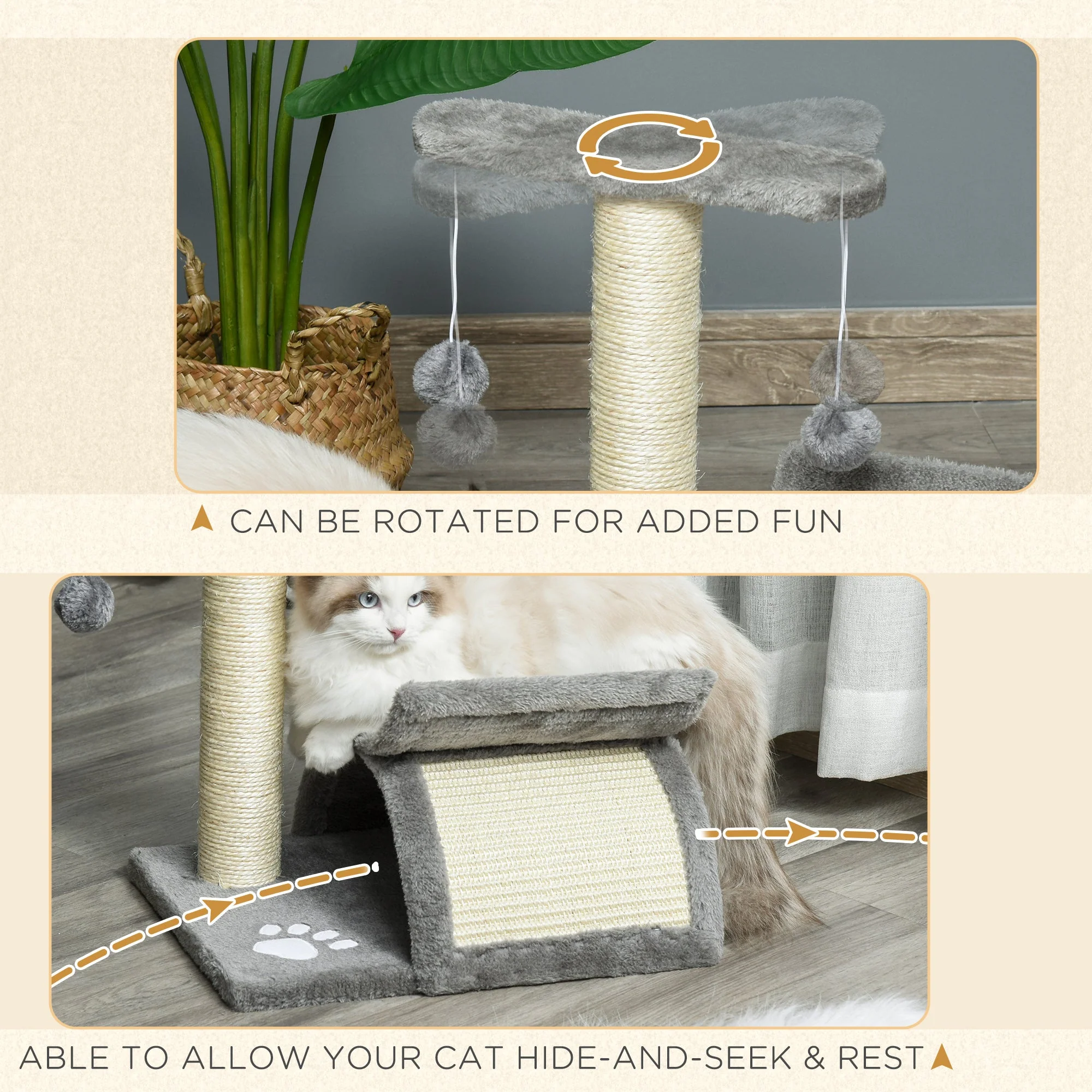 PawHut Cat Tree for Indoor Cats Scratching Post Kitten Scratcher Kitty Activity Play Center Sisal Rotatable Top Bar Tunnel Dangling Ball Light Grey - Image 6