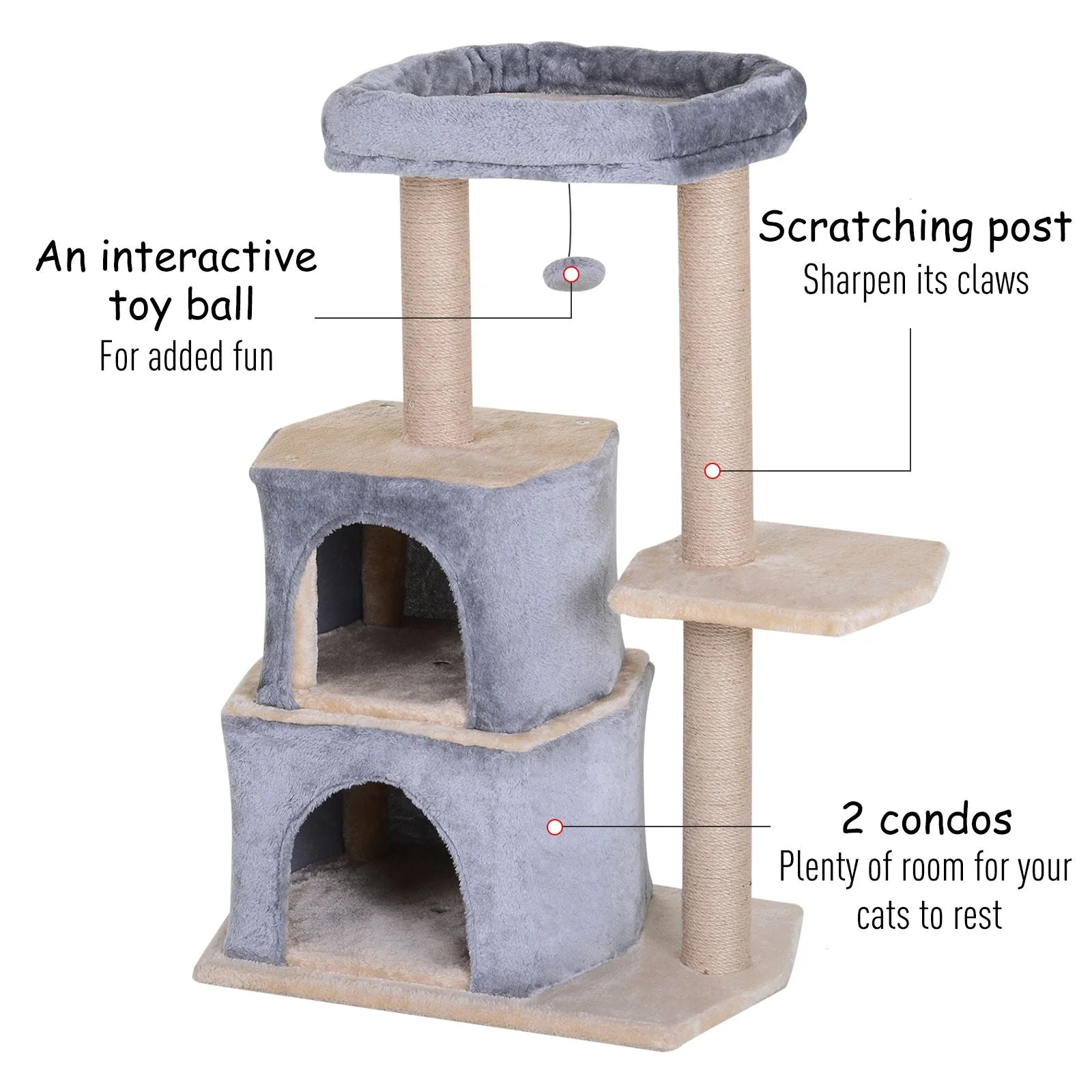 PawHut Cat Tree for Indoor Cats Scratching Posts with 2 Houses - Image 6