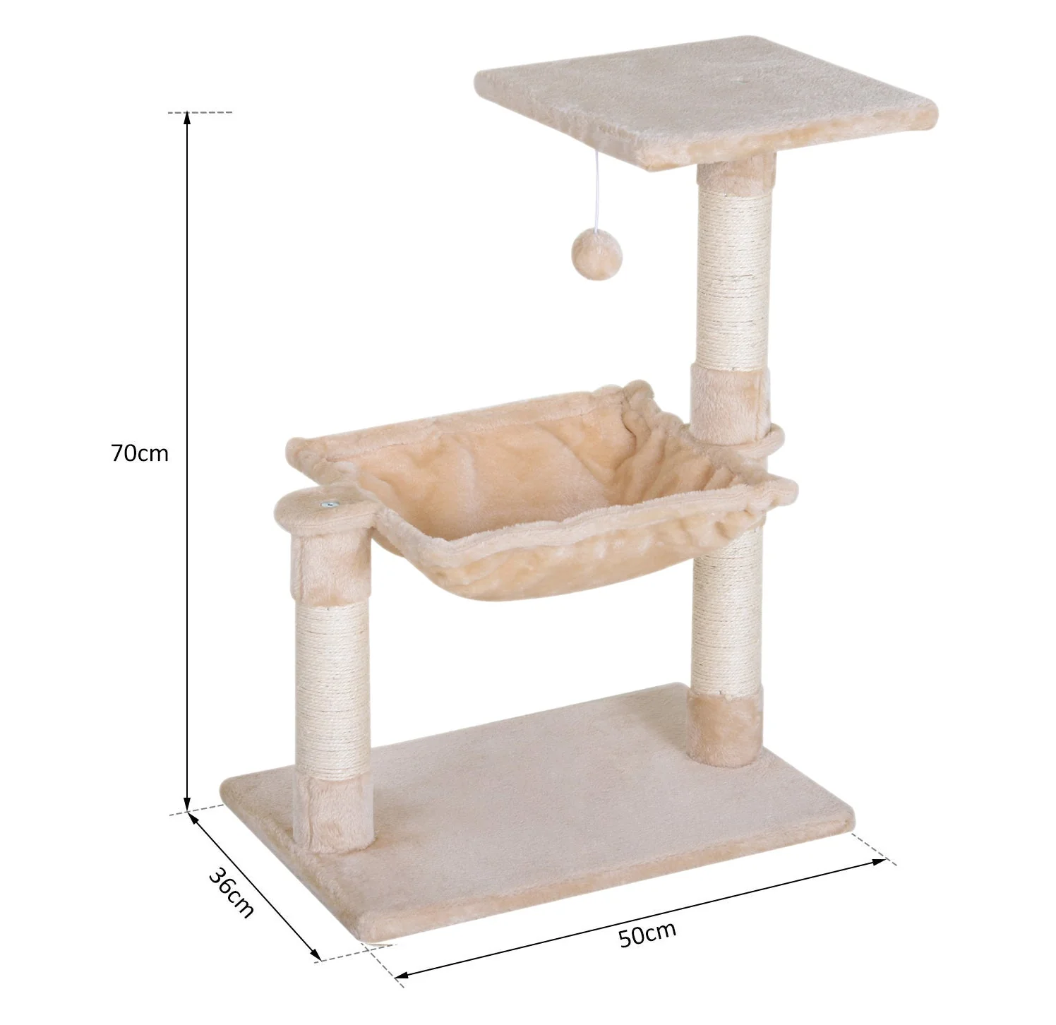 PawHut Cat Tree Hammock Bed Natural Sisal Scratching Post w/ Dangle Toy 2 Tier 70cm Pet Scratch Stand - Image 2