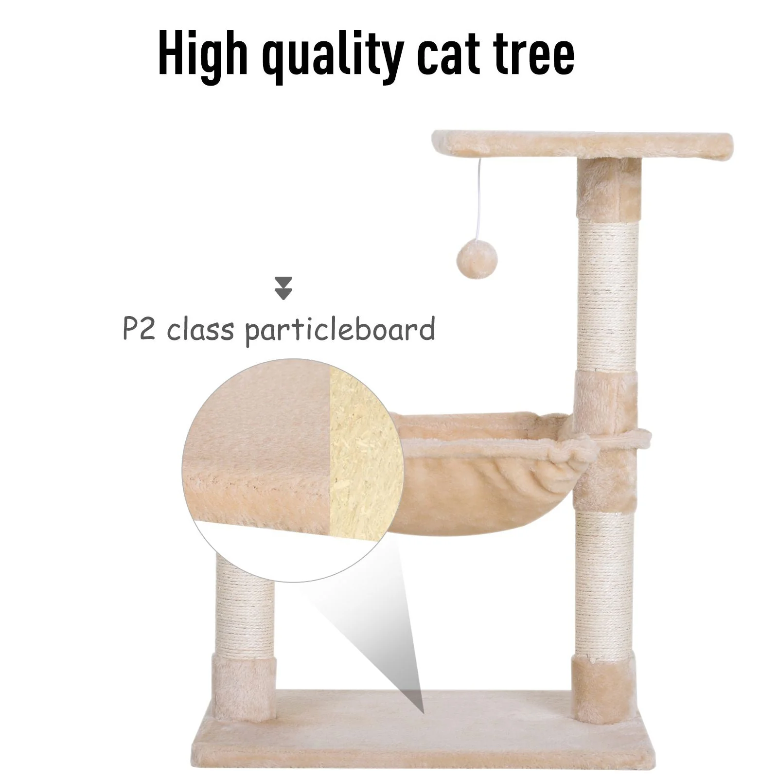 PawHut Cat Tree Hammock Bed Natural Sisal Scratching Post w/ Dangle Toy 2 Tier 70cm Pet Scratch Stand - Image 3
