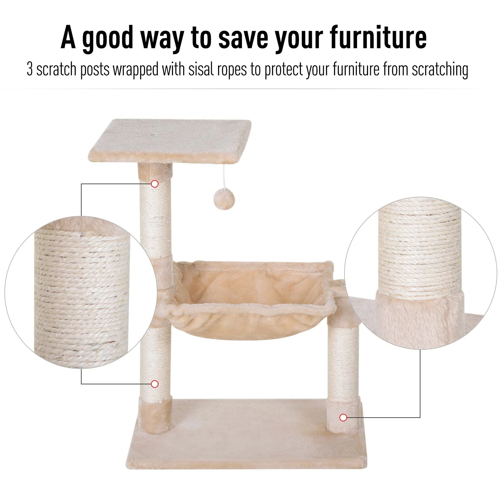 PawHut Cat Tree Hammock Bed Natural Sisal Scratching Post w/ Dangle Toy 2 Tier 70cm Pet Scratch Stand - Image 5