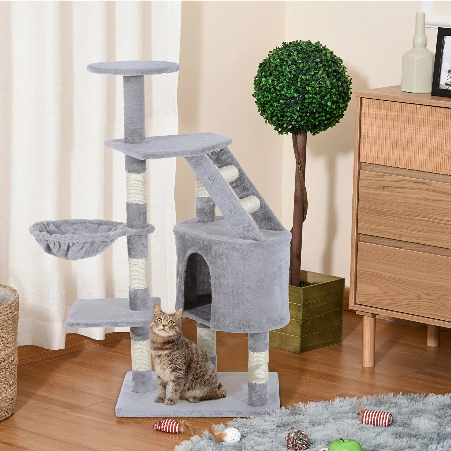 PawHut Cat Tree Kitten Scratching Post Activity Center Play House Pet Furniture 125cm Grey - Image 5