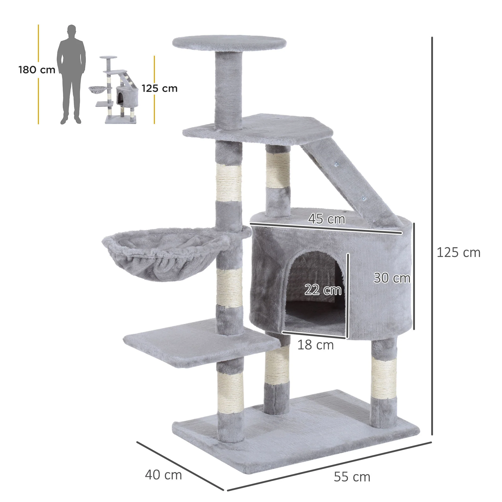 PawHut Cat Tree Kitten Scratching Post Activity Center Play House Pet Furniture 125cm Grey - Image 6
