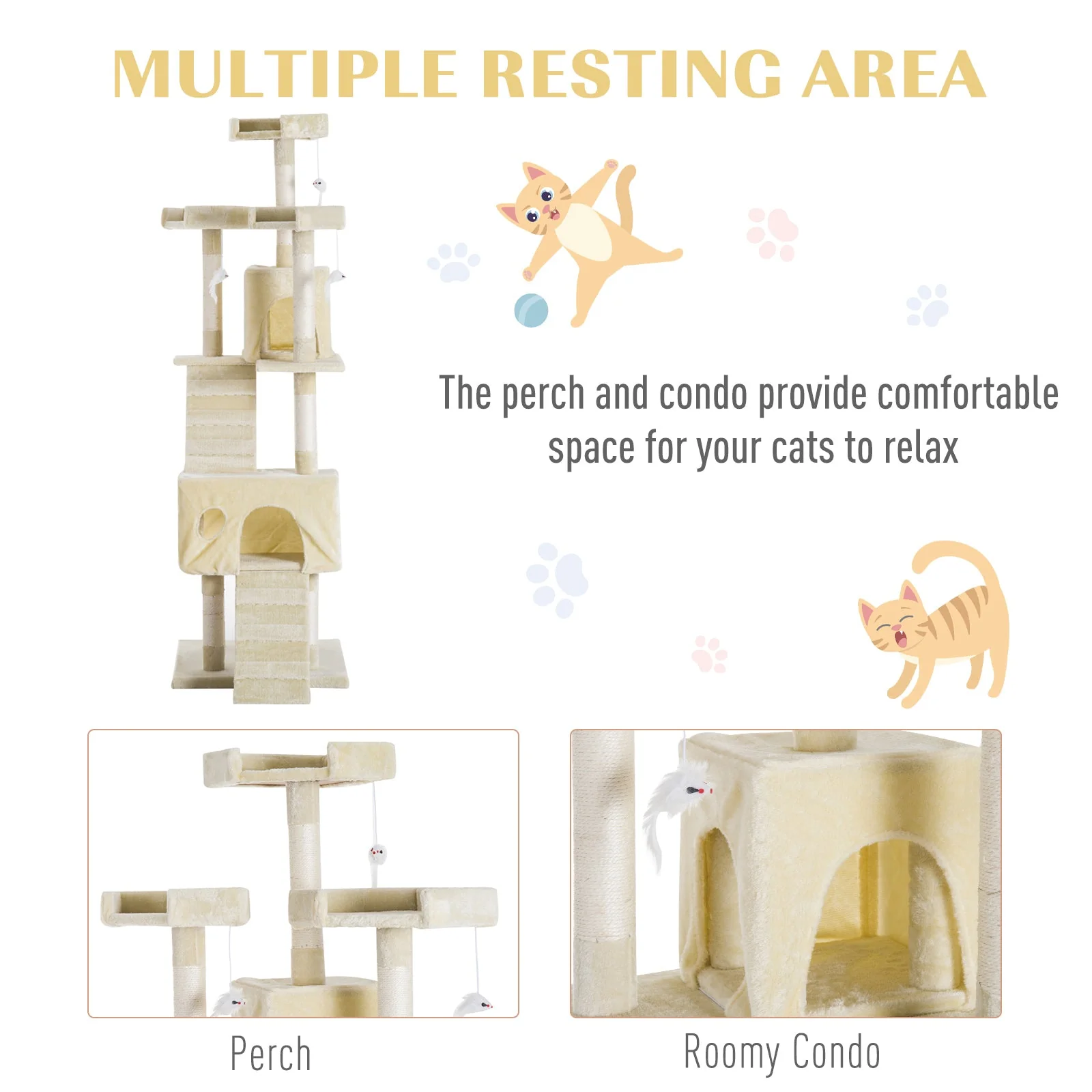 PawHut Cat Tree Scratching Post 27L27W28.5H cm-Beige - Image 5