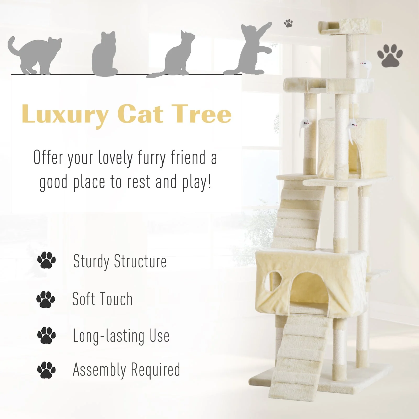 PawHut Cat Tree Scratching Post 27L27W28.5H cm-Beige - Image 6