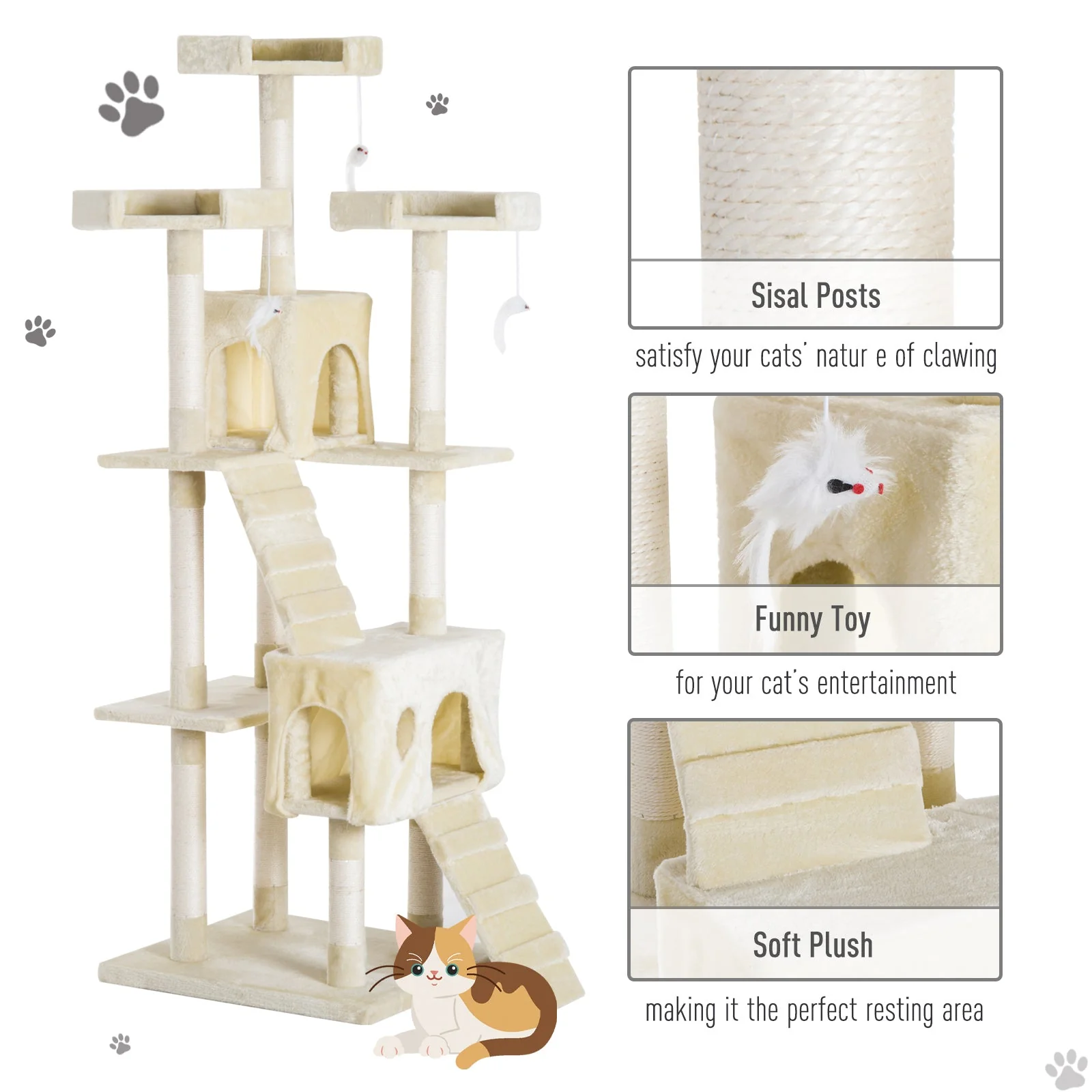 PawHut Cat Tree Scratching Post 27L27W28.5H cm-Beige - Image 7