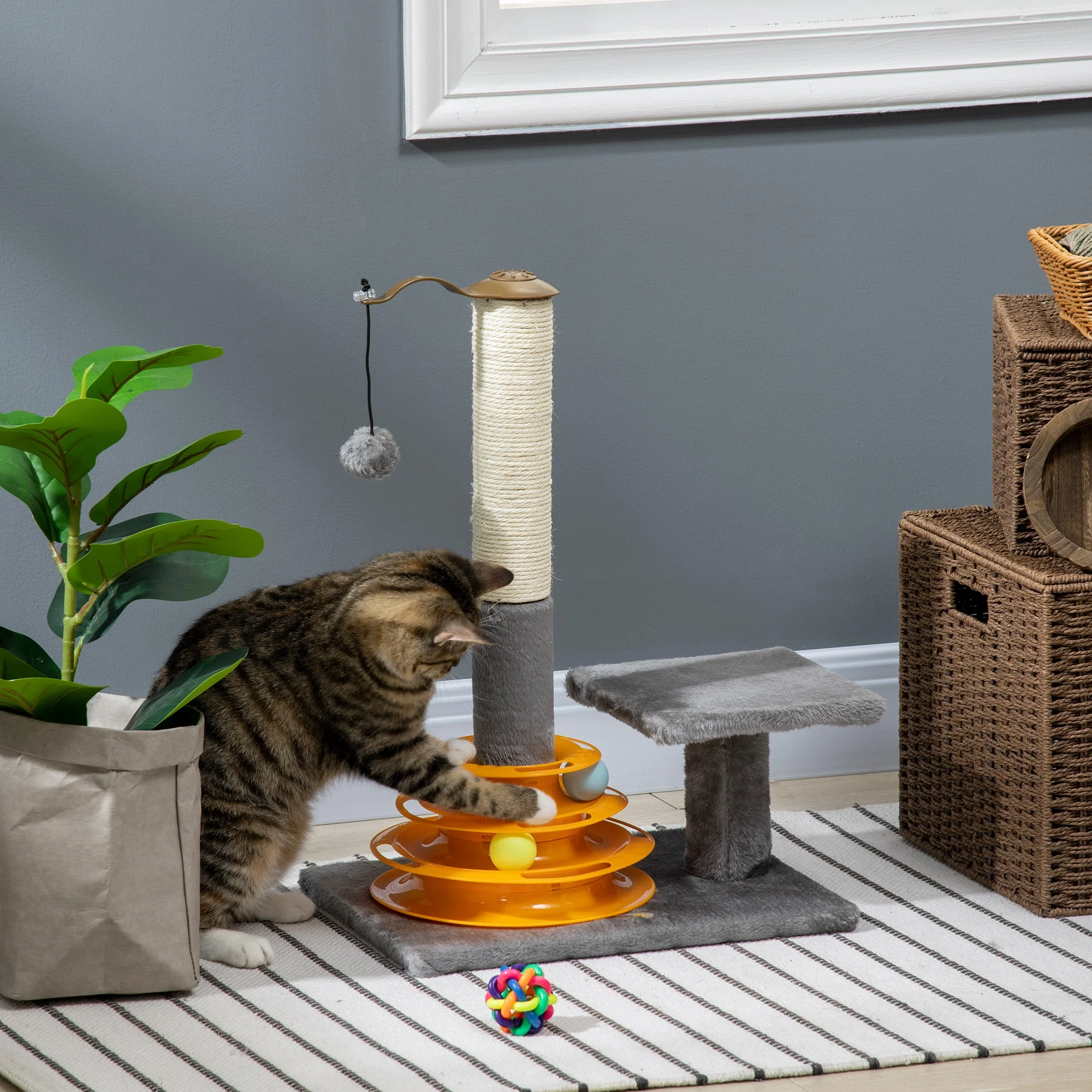 PawHut Cat Tree Tower Activity Center Climbing Stand Kitten House Furniture with Scratching Posts Toy abd Perch 56cm Grey - Image 5