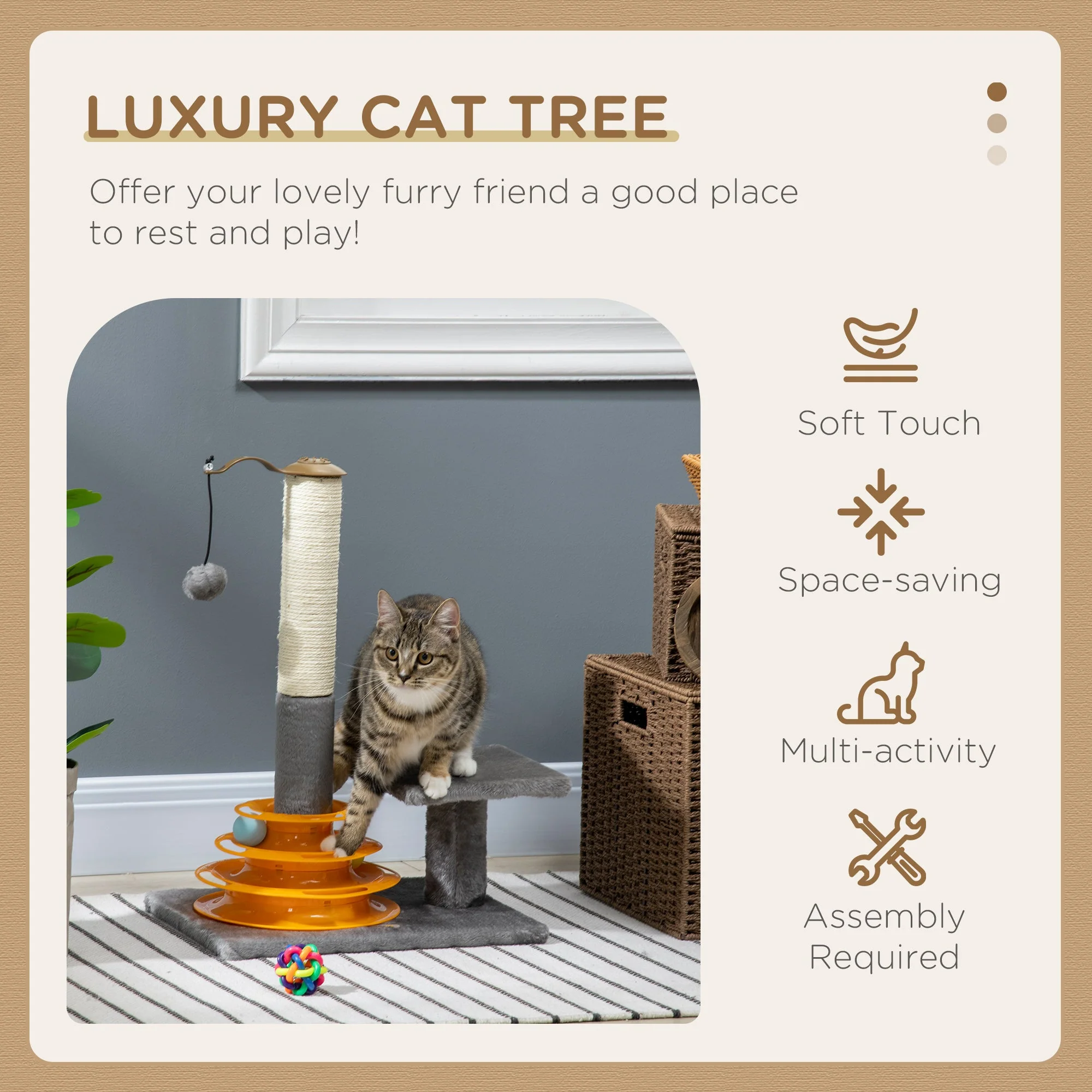 PawHut Cat Tree Tower Activity Center Climbing Stand Kitten House Furniture with Scratching Posts Toy abd Perch 56cm Grey - Image 6