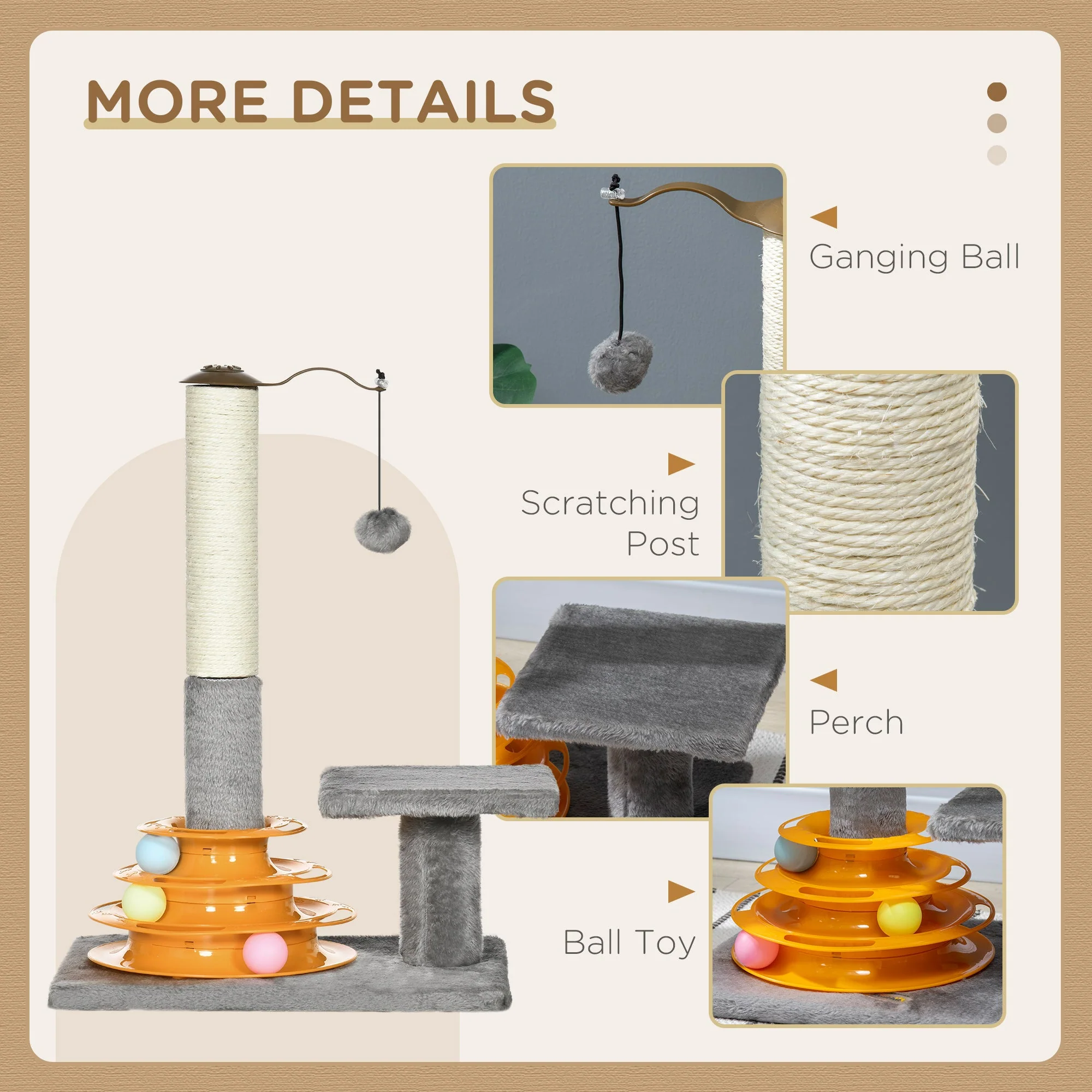 PawHut Cat Tree Tower Activity Center Climbing Stand Kitten House Furniture with Scratching Posts Toy abd Perch 56cm Grey - Image 7