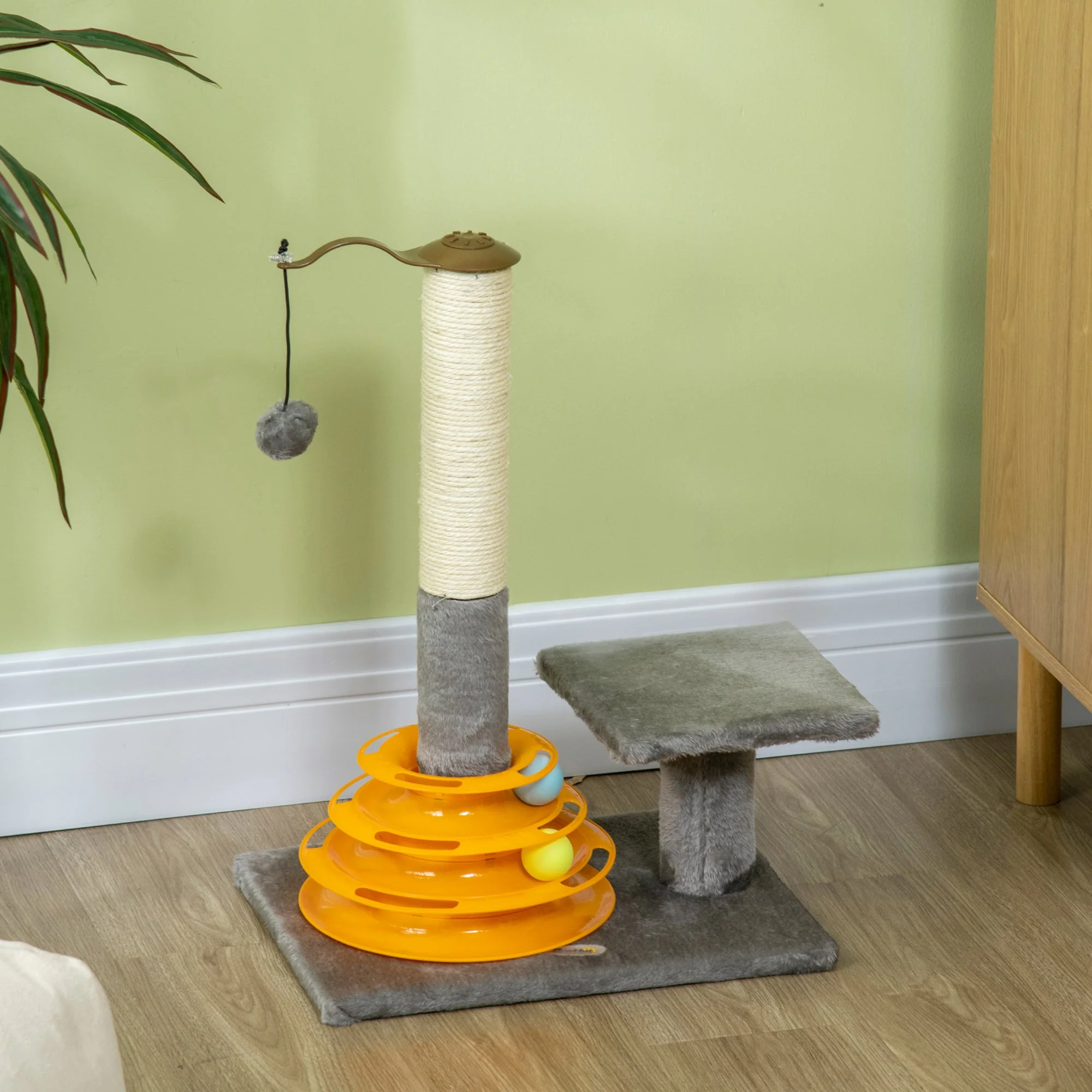 PawHut Cat Tree Tower Activity Center Climbing Stand Kitten House Furniture with Scratching Posts Toy abd Perch 56cm Grey - Image 8