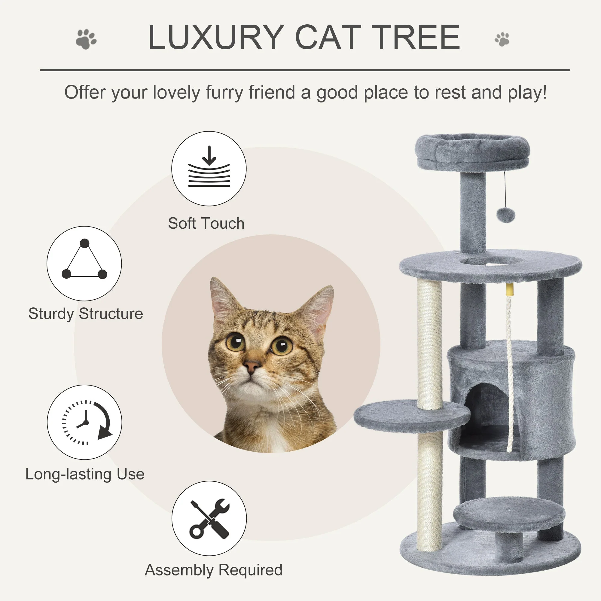 PawHut Cat Tree Tower Activity Center with Hanging Ball Toy Teasing Rope Dark grey - Image 2
