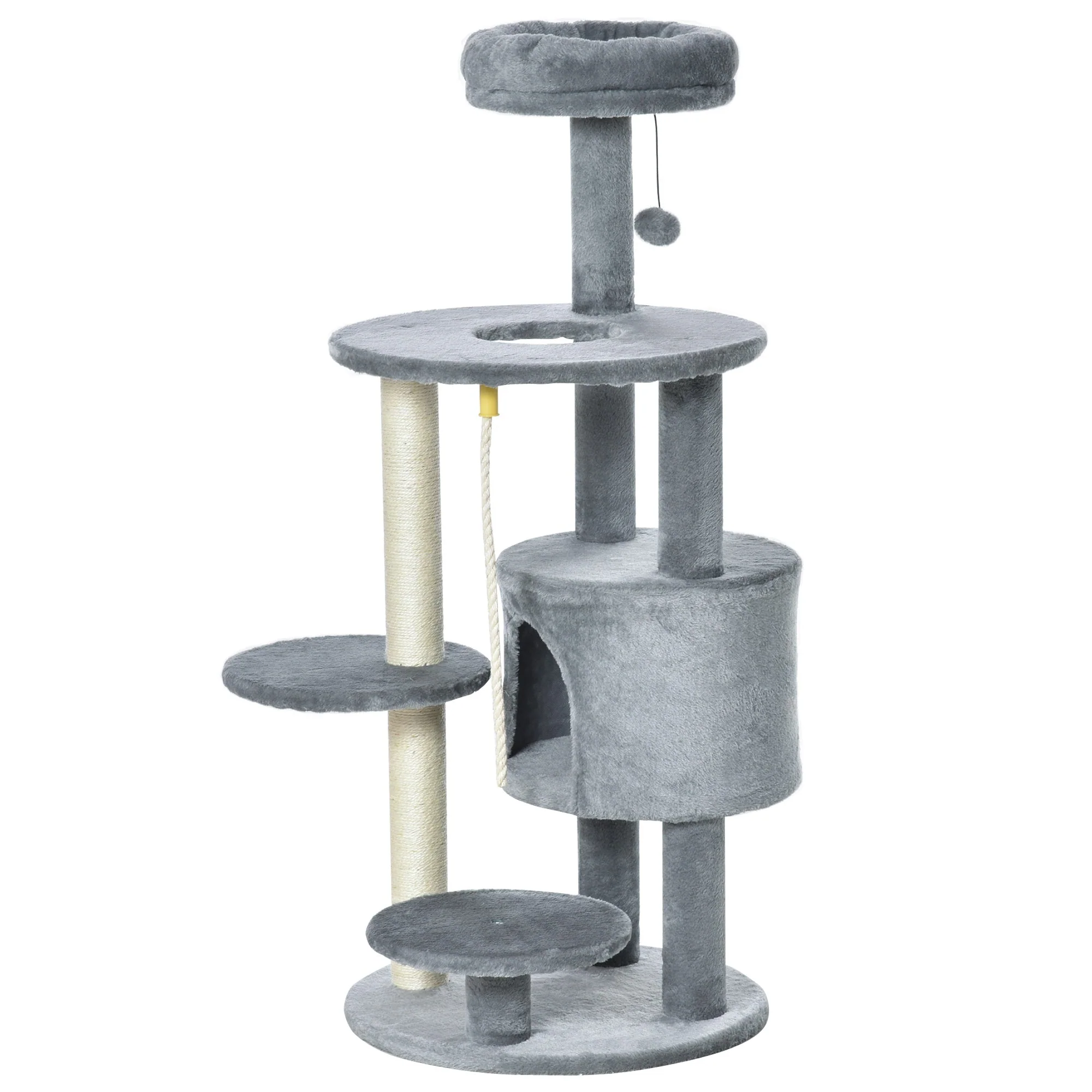PawHut Cat Tree Tower Activity Center with Hanging Ball Toy Teasing Rope Dark grey - Image 7