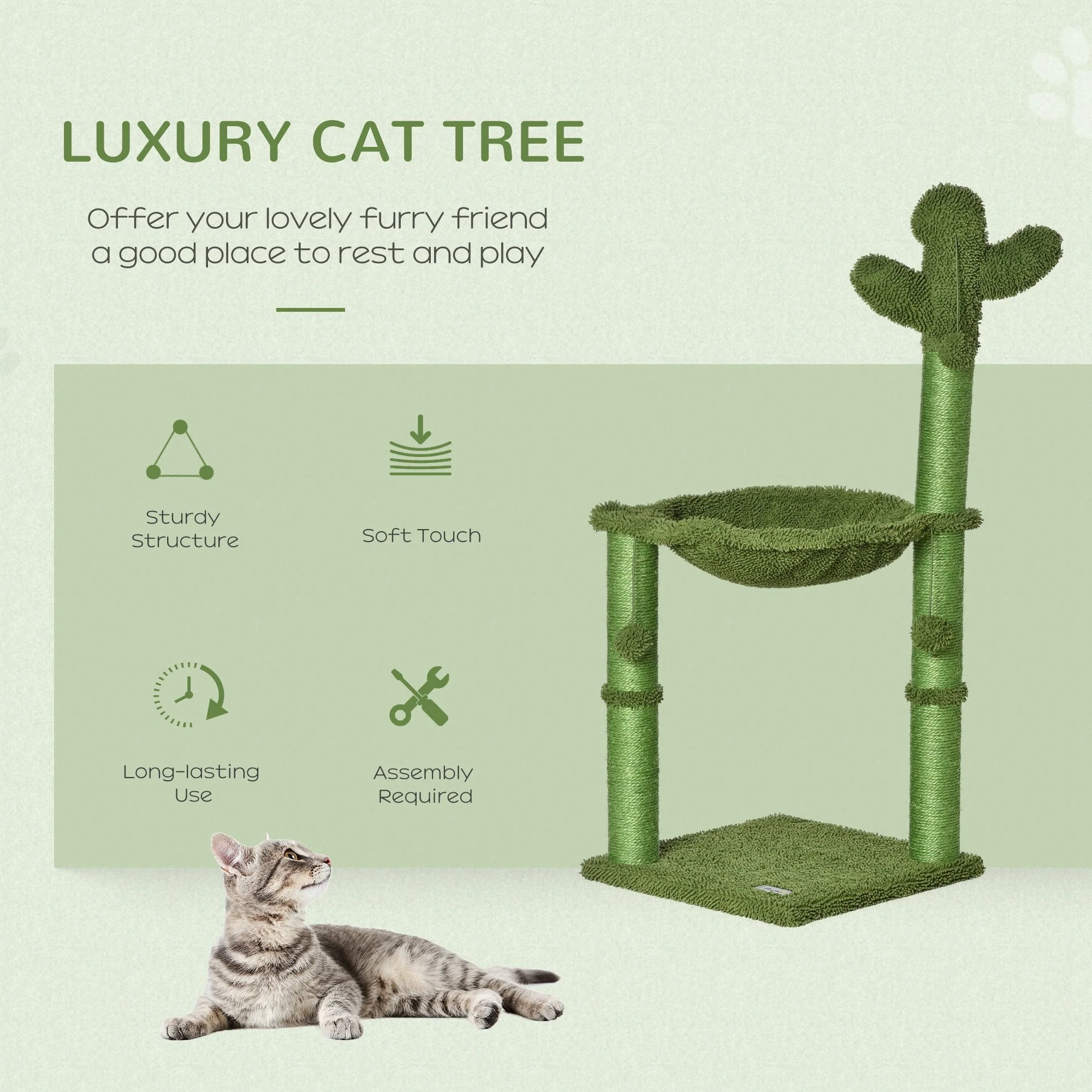PawHut Cat Tree Tower Cactus Shape w/ Scratching Post Hammock Bed Ball Kitten Toy - Image 2