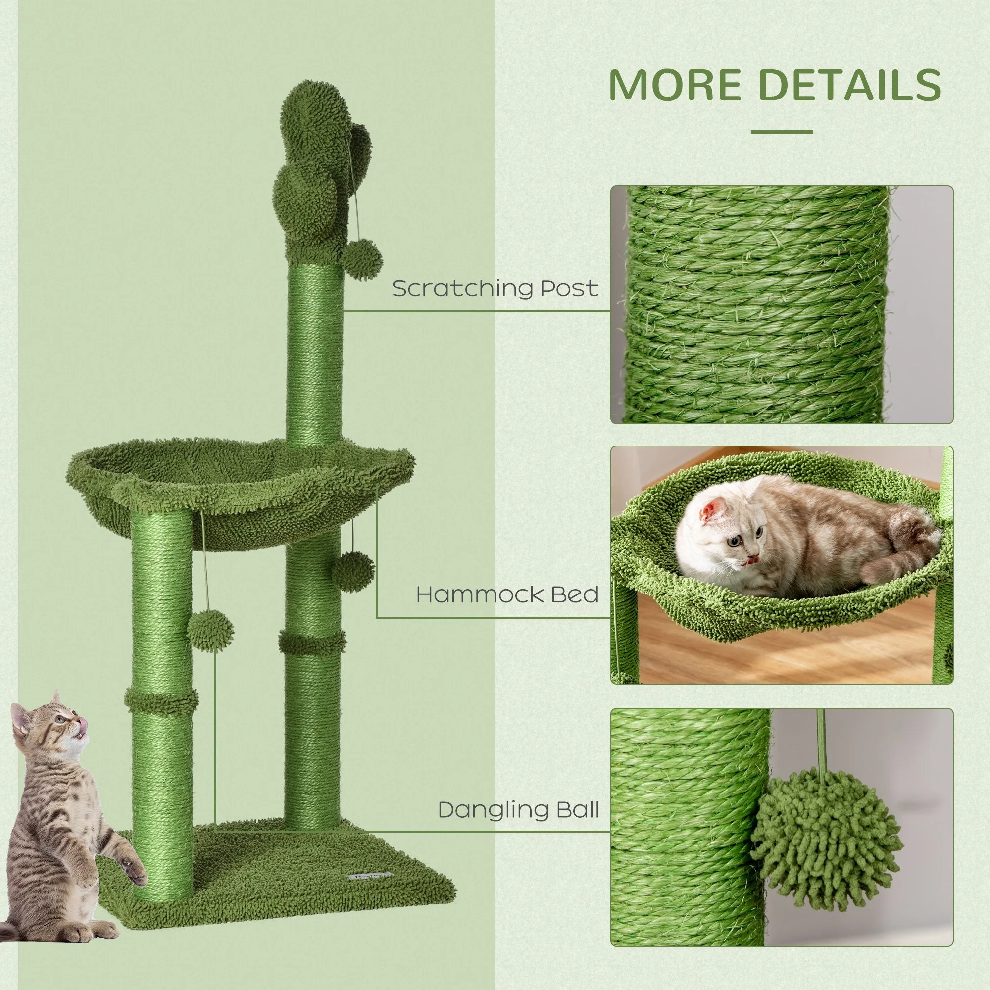 PawHut Cat Tree Tower Cactus Shape w/ Scratching Post Hammock Bed Ball Kitten Toy - Image 3