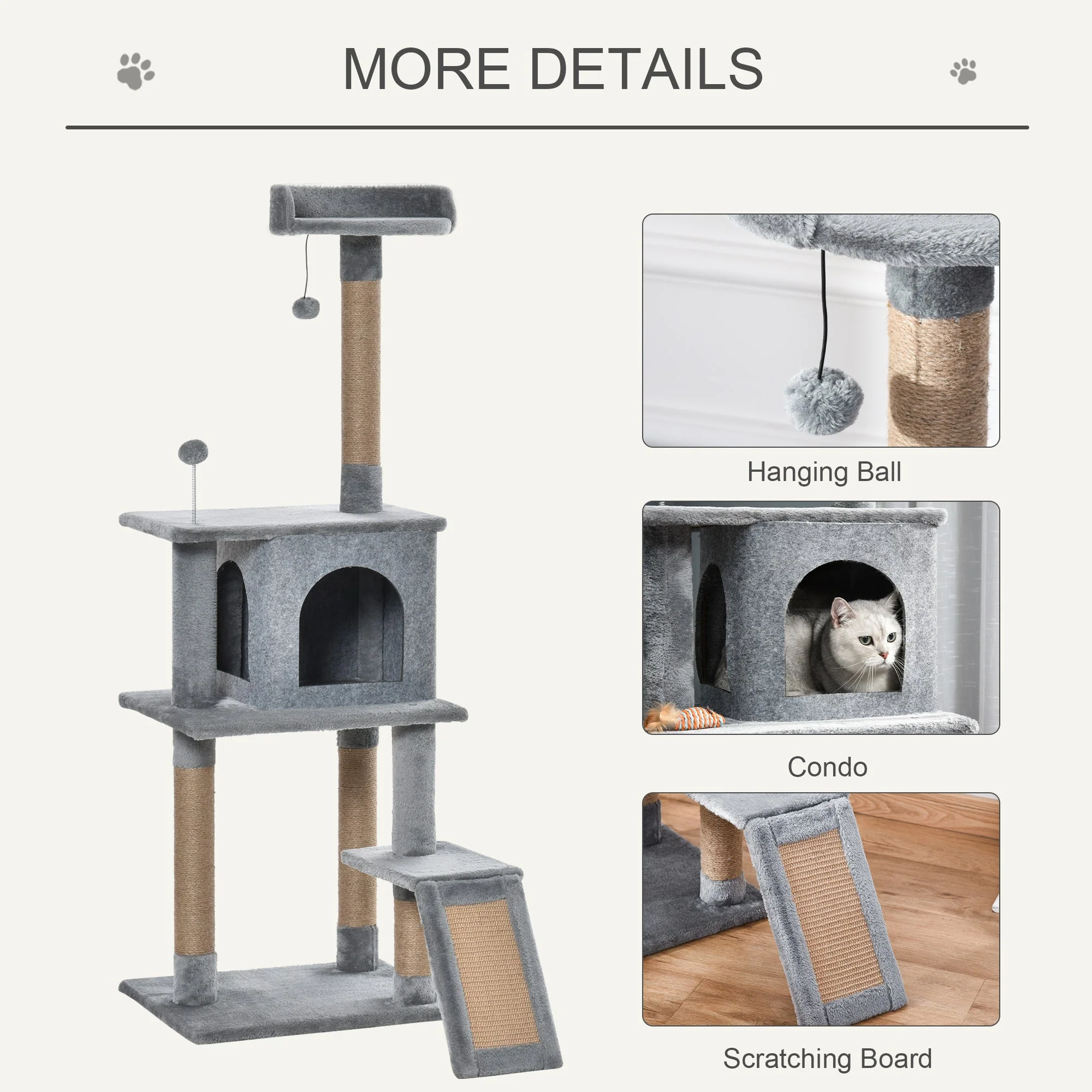 PawHut Cat Tree Tower Climbing Kitten Activity Center with Jute Scratching Post - Image 3