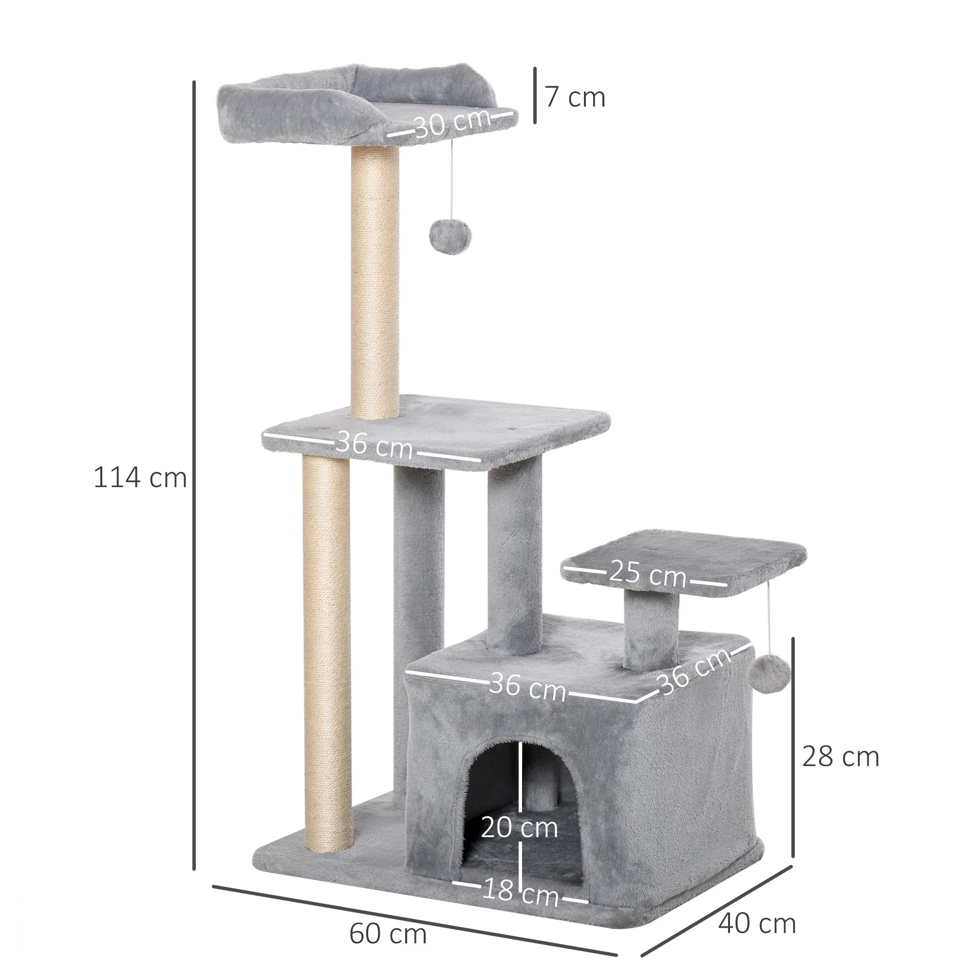 PawHut Cat Tree Tower for Indoor Cats 114cm Climbing Activity Centre Kitten with Sisal Scratching Post Perch Hanging Ball Condo Toy Light Grey - Image 2