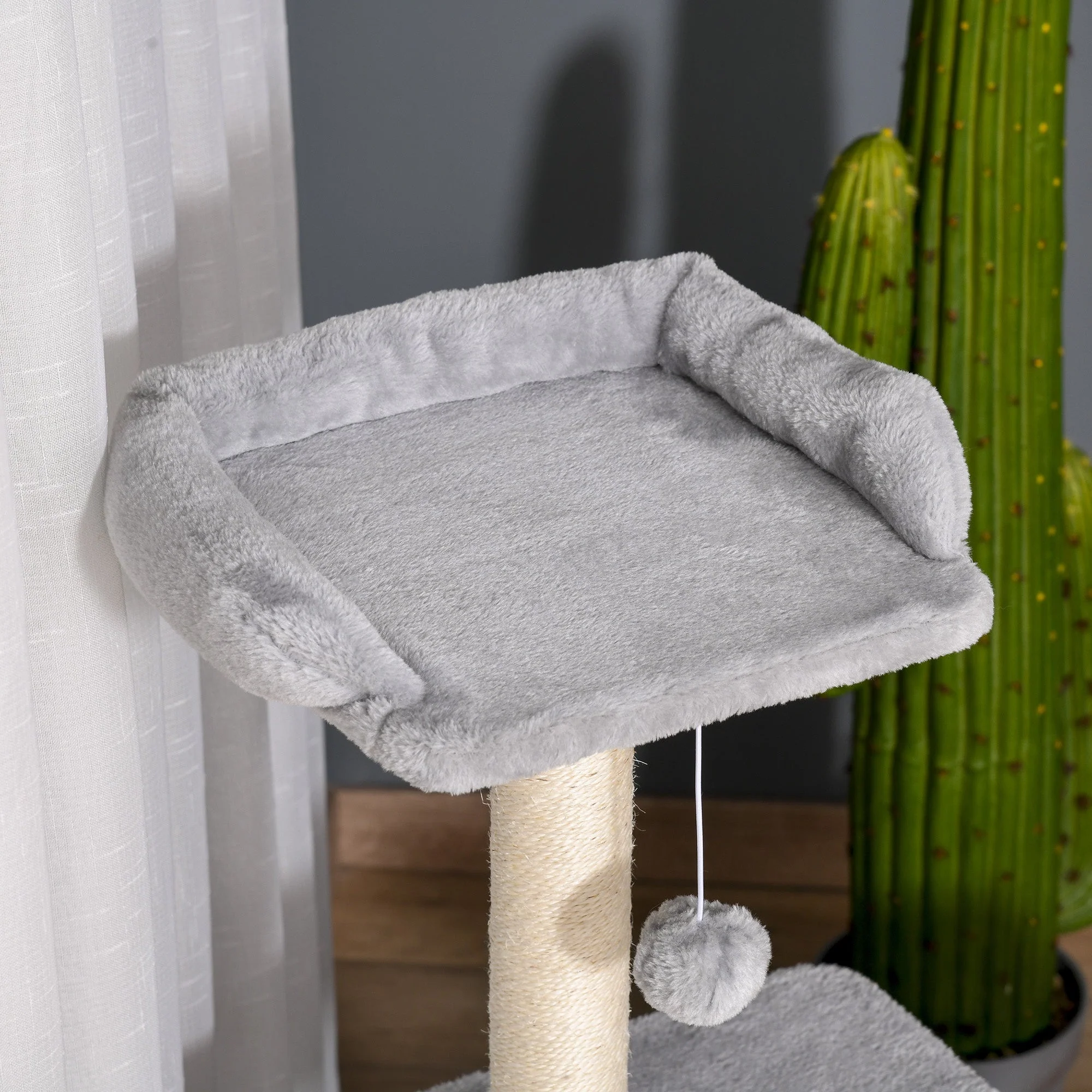 PawHut Cat Tree Tower for Indoor Cats 114cm Climbing Activity Centre Kitten with Sisal Scratching Post Perch Hanging Ball Condo Toy Light Grey - Image 3