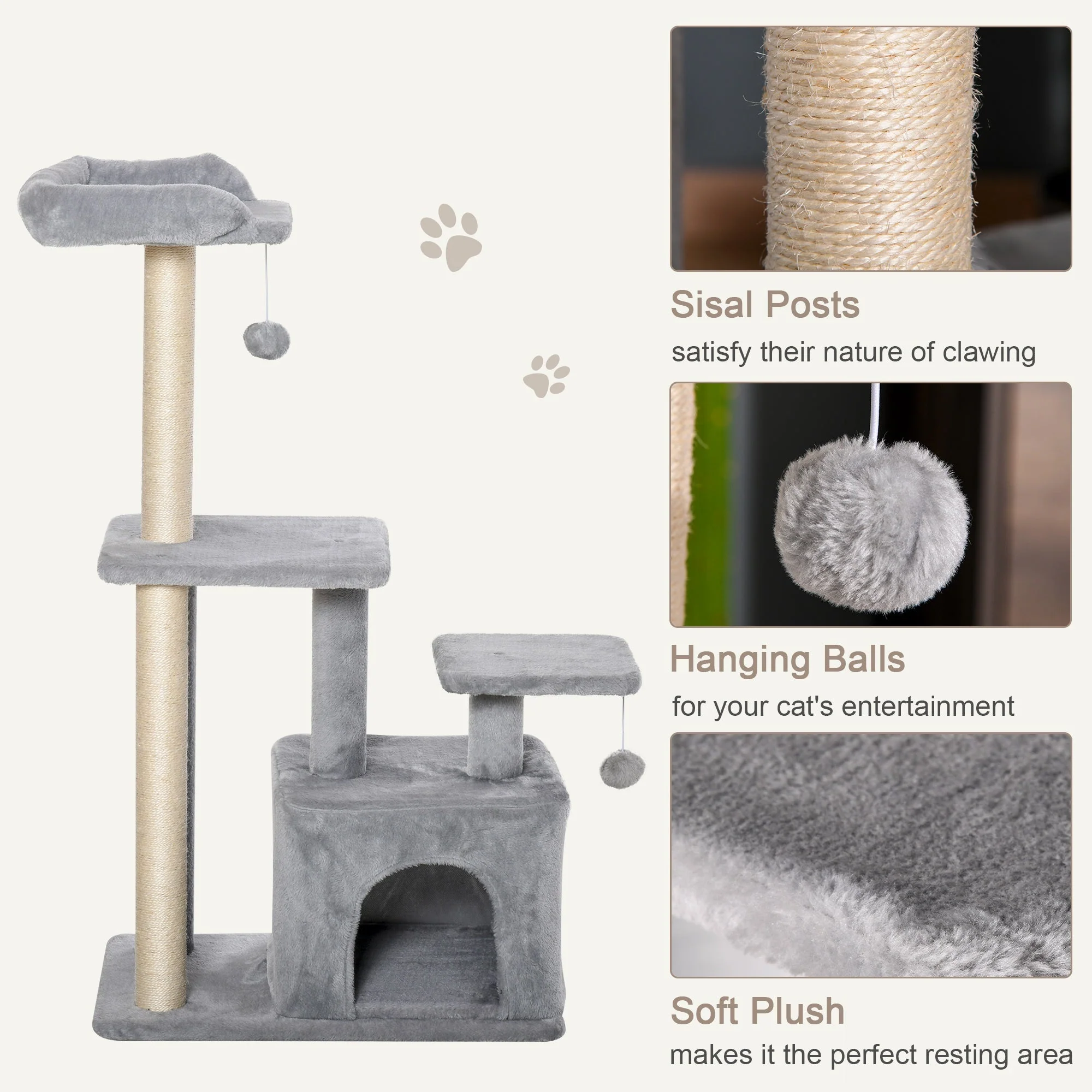 PawHut Cat Tree Tower for Indoor Cats 114cm Climbing Activity Centre Kitten with Sisal Scratching Post Perch Hanging Ball Condo Toy Light Grey - Image 7