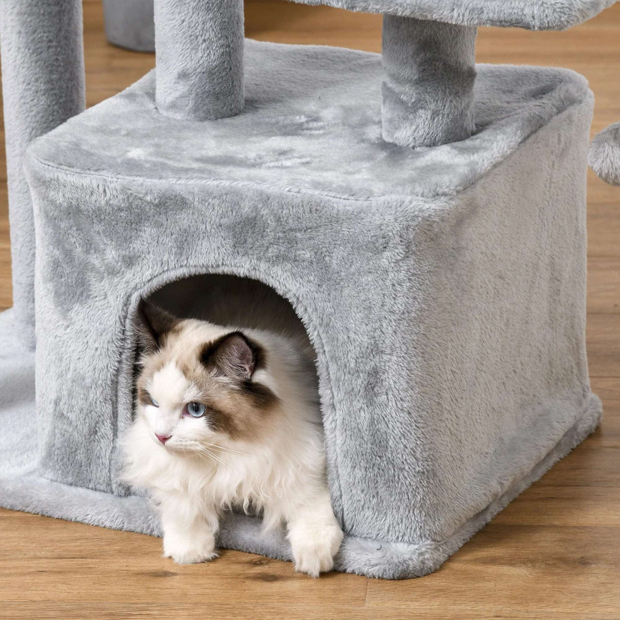 PawHut Cat Tree Tower for Indoor Cats 114cm Climbing Activity Centre Kitten with Sisal Scratching Post Perch Hanging Ball Condo Toy Light Grey - Image 8