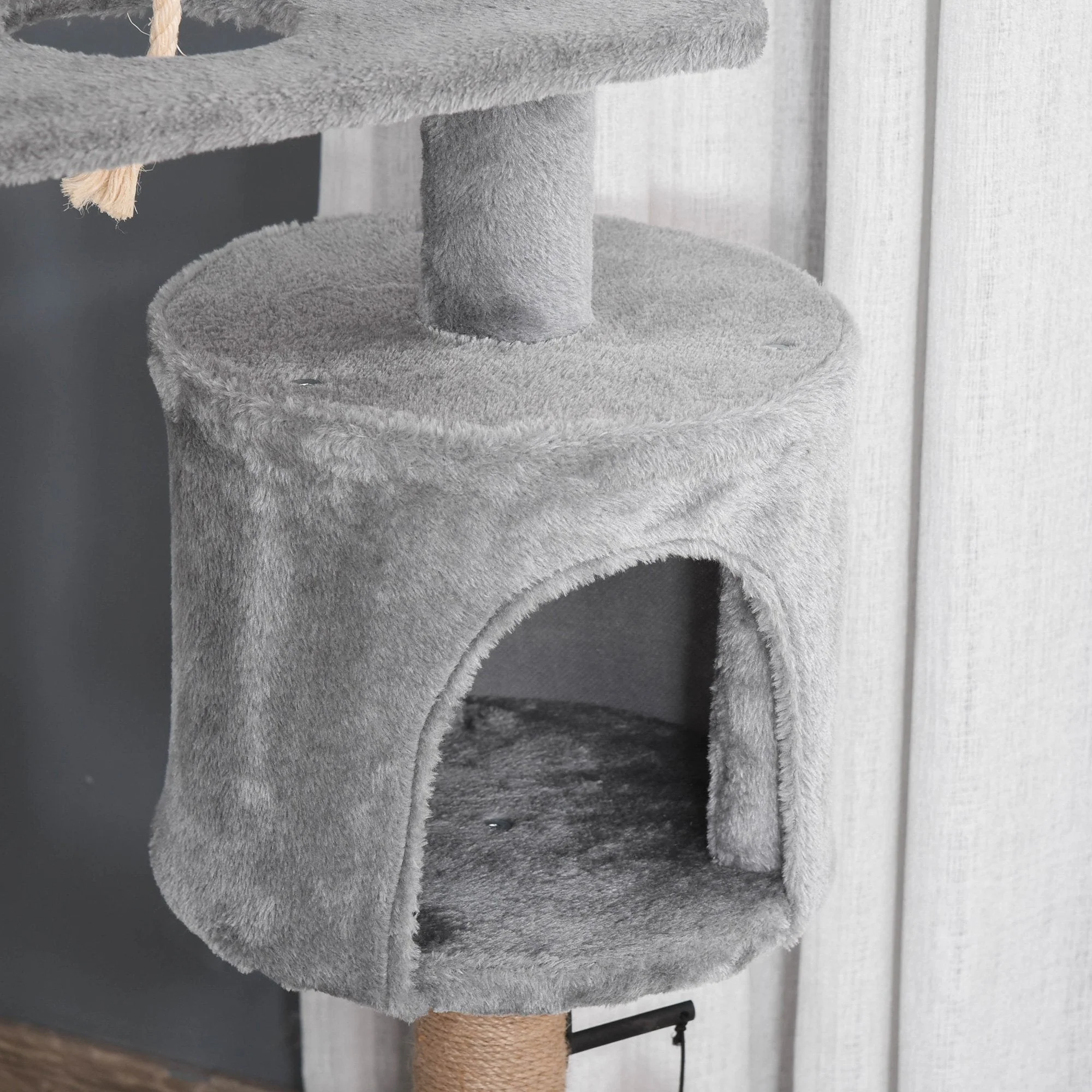 PawHut Cat Tree Tower for Indoor Cats 120cm Climbing Kitten Activity Center with Jute Scratching Post Perch Hanging Ball Hammock Teasing Rope Condo Toy Light Grey - Image 2