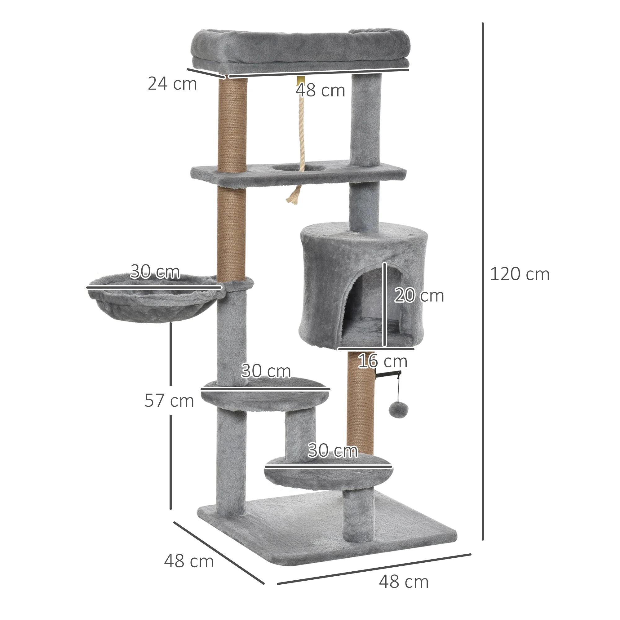 PawHut Cat Tree Tower for Indoor Cats 120cm Climbing Kitten Activity Center with Jute Scratching Post Perch Hanging Ball Hammock Teasing Rope Condo Toy Light Grey - Image 4