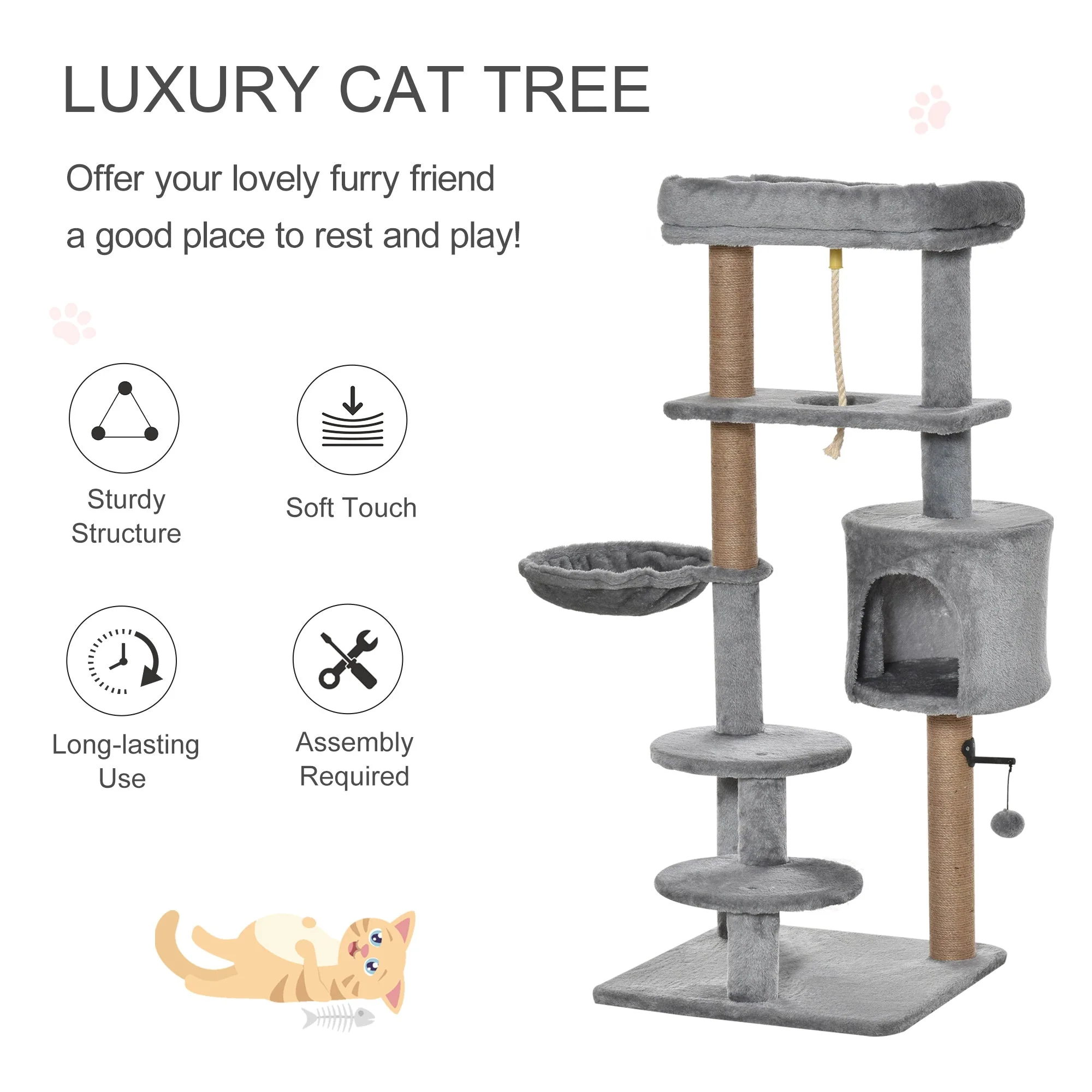 PawHut Cat Tree Tower for Indoor Cats 120cm Climbing Kitten Activity Center with Jute Scratching Post Perch Hanging Ball Hammock Teasing Rope Condo Toy Light Grey - Image 5