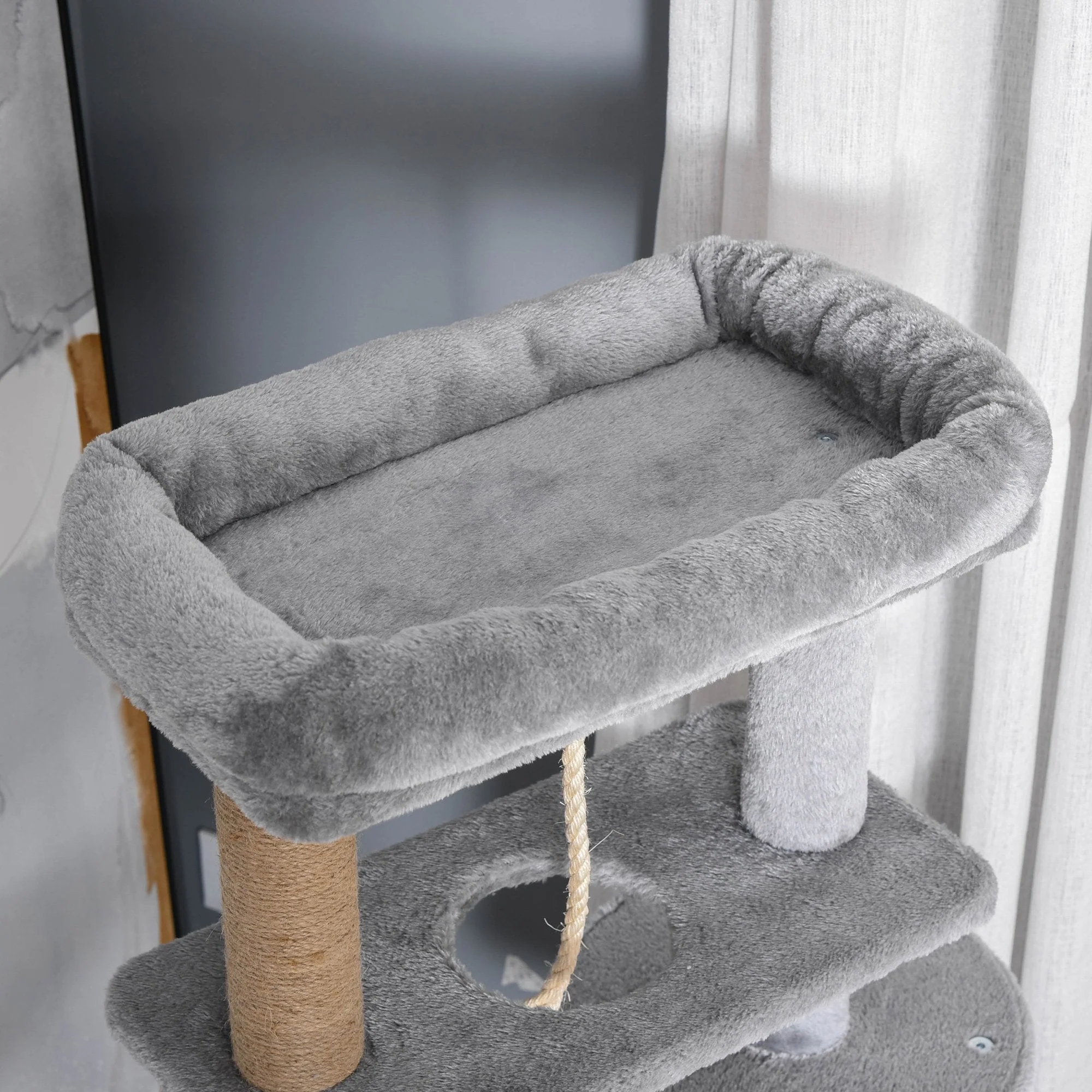 PawHut Cat Tree Tower for Indoor Cats 120cm Climbing Kitten Activity Center with Jute Scratching Post Perch Hanging Ball Hammock Teasing Rope Condo Toy Light Grey - Image 8