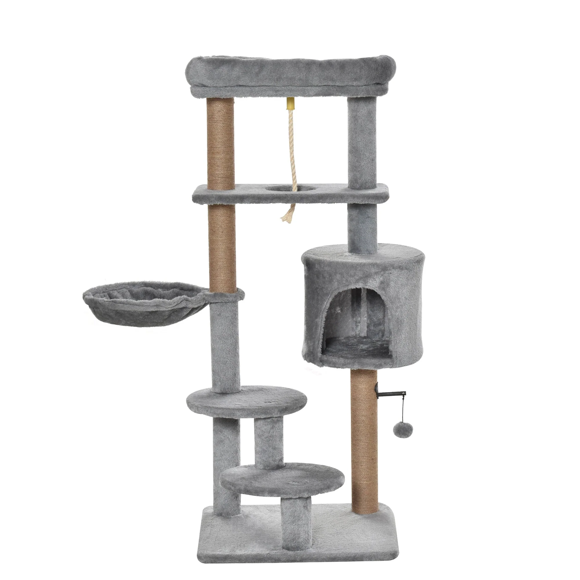 PawHut Cat Tree Tower for Indoor Cats 120cm Climbing Kitten Activity Center with Jute Scratching Post Perch Hanging Ball Hammock Teasing Rope Condo Toy Light Grey - Image 9