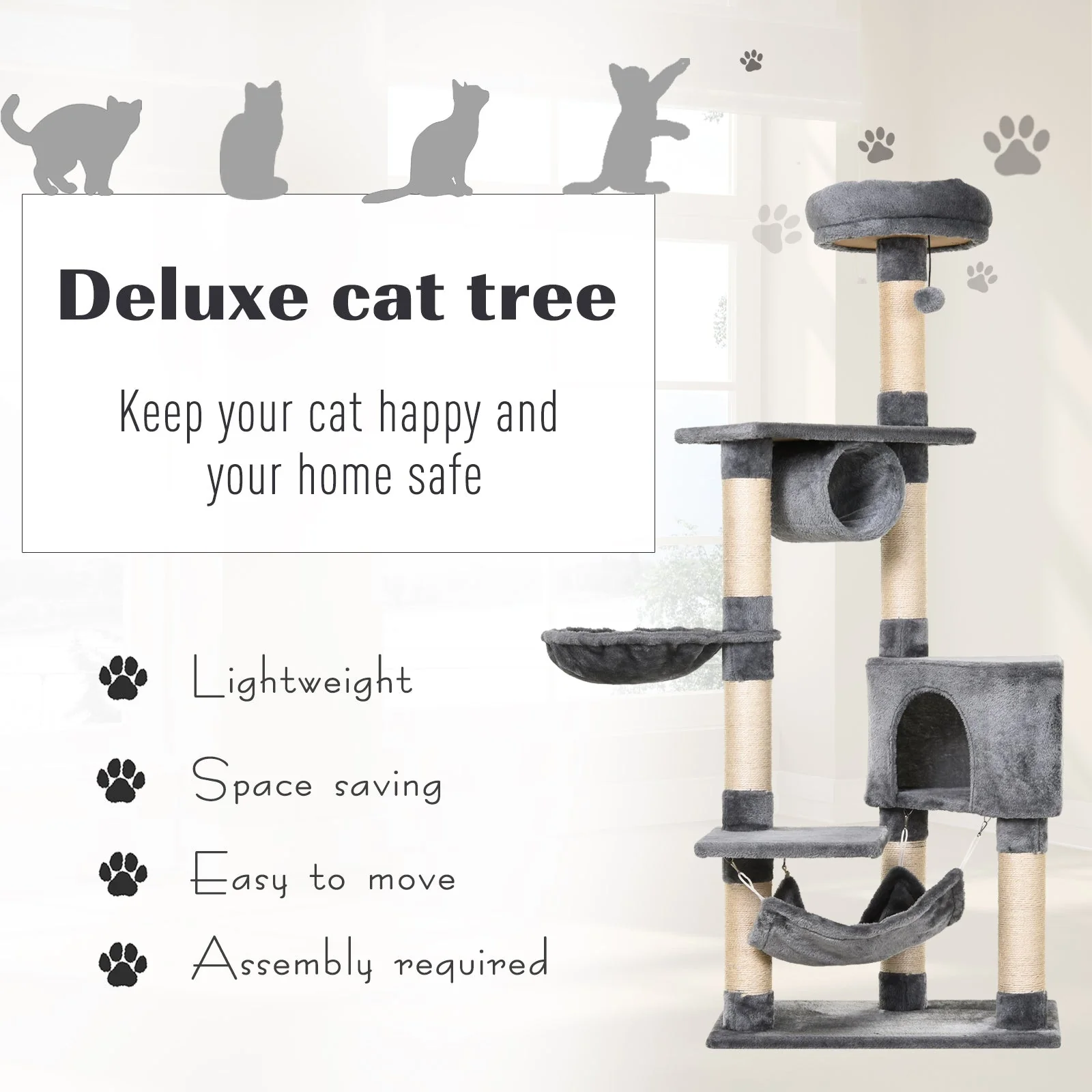 PawHut Cat Tree Tower Height 150CM Kittens Activity Stand House Scratching Posts - Image 4